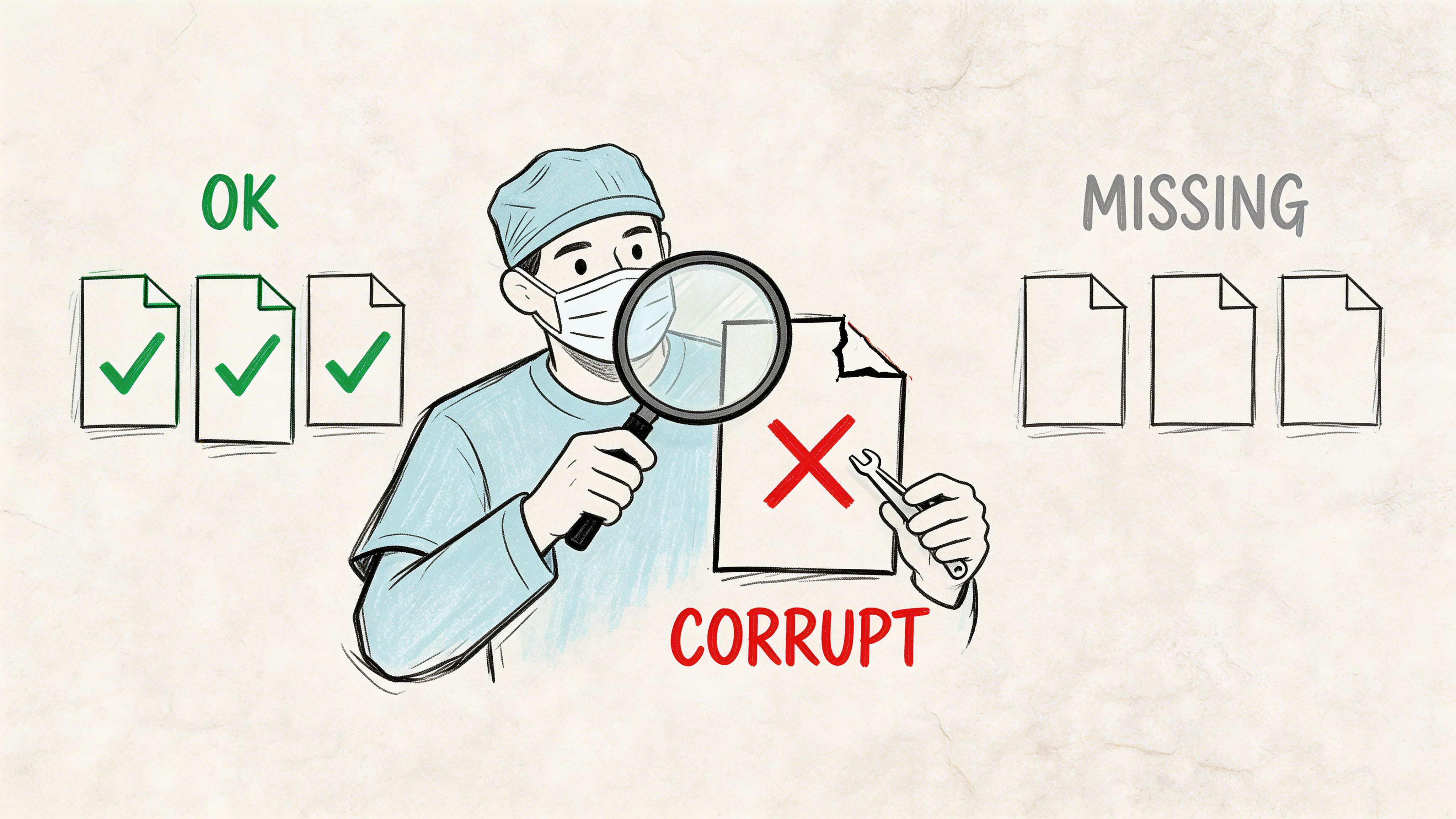 A professional illustration of a doctor inspecting a corrupted digital file with a magnifying glass.