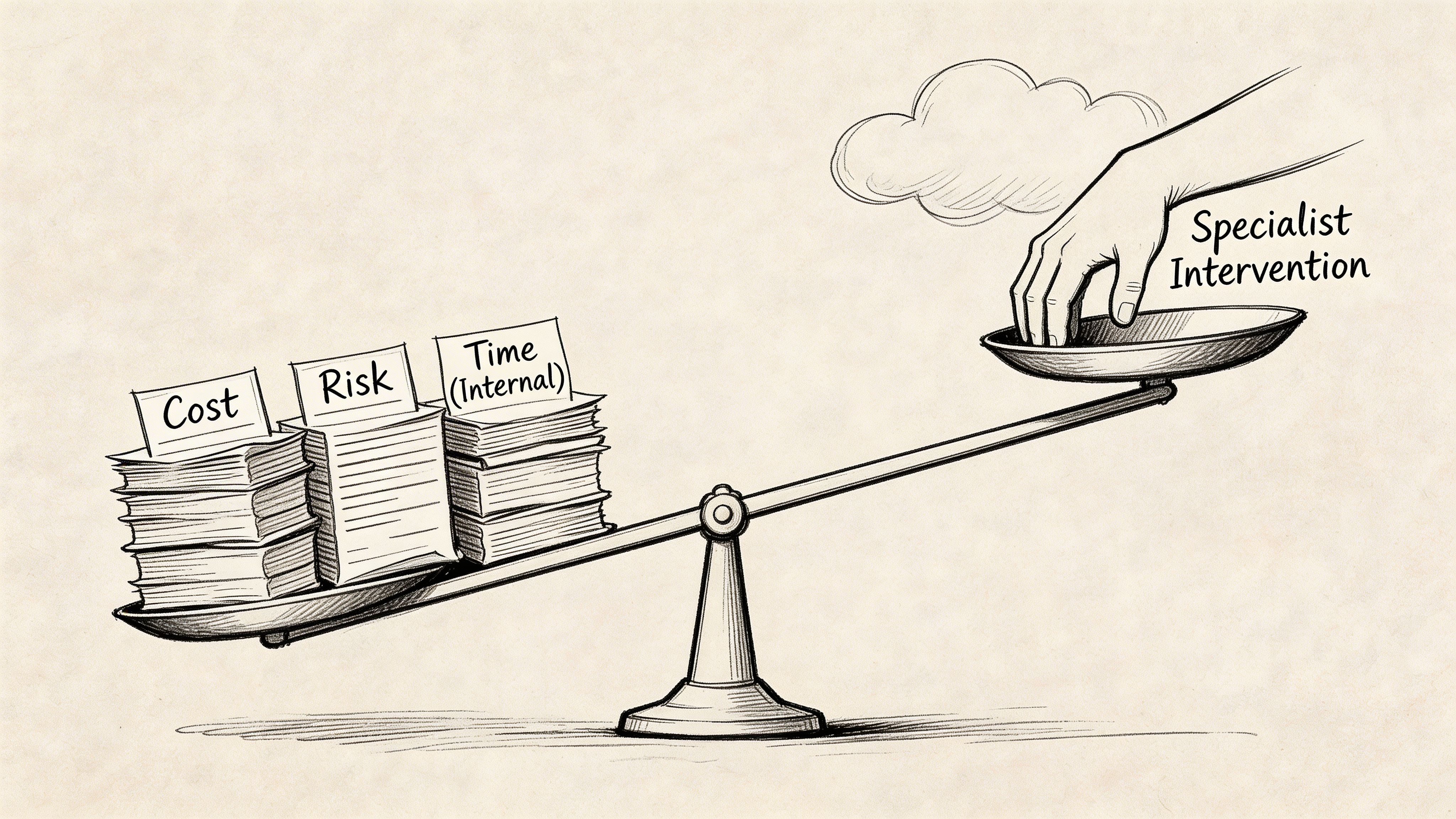 A hand placing specialist intervention on a scale to balance heavy stacks of cost, risk, and internal time.