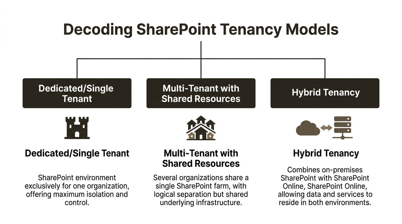 A diagram outlining the three SharePoint tenancy models including Dedicated, Multi-Tenant, and Hybrid Tenancy configurations.