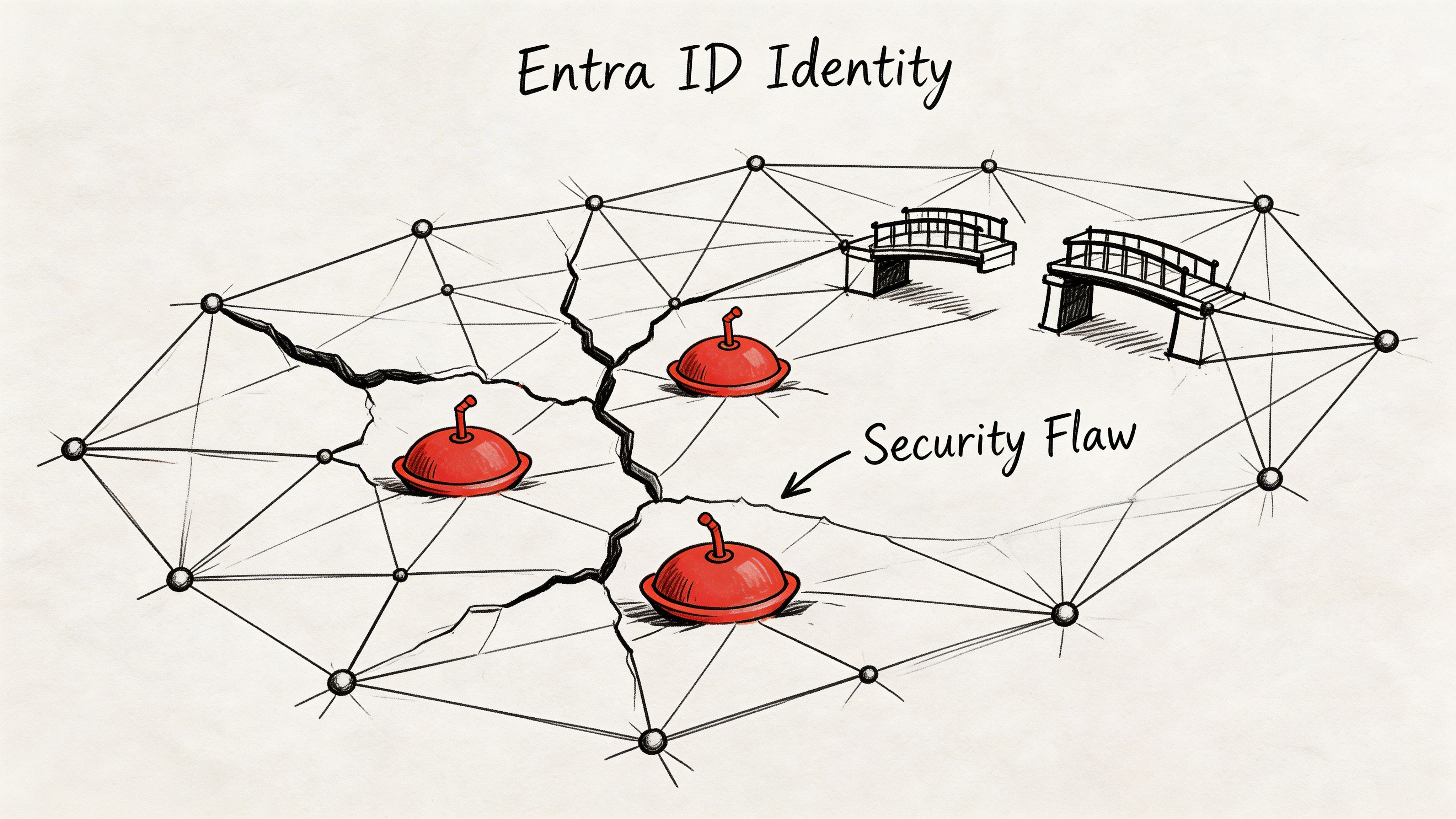 A conceptual diagram illustrating a security flaw within an Entra ID identity network, shown with red bombs.