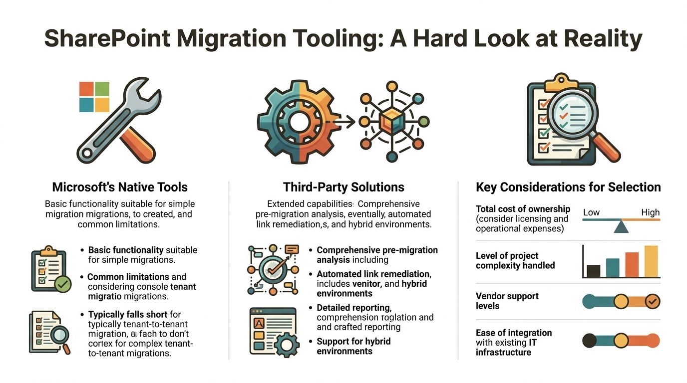 A comparison infographic between Microsoft native tools and third-party solutions for SharePoint migration considerations.