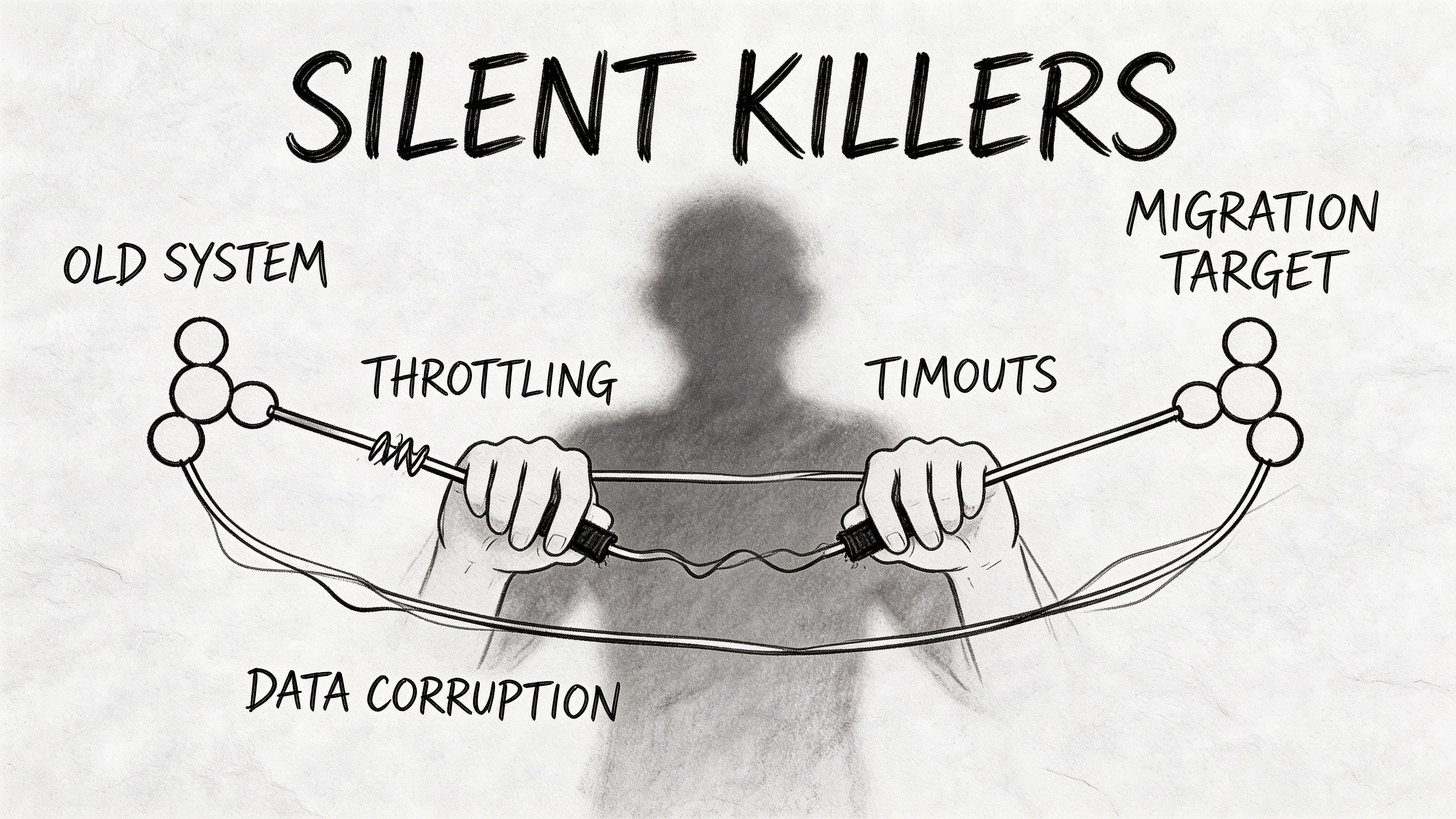A conceptual illustration of silent migration challenges including throttling, timeouts, and data corruption issues.