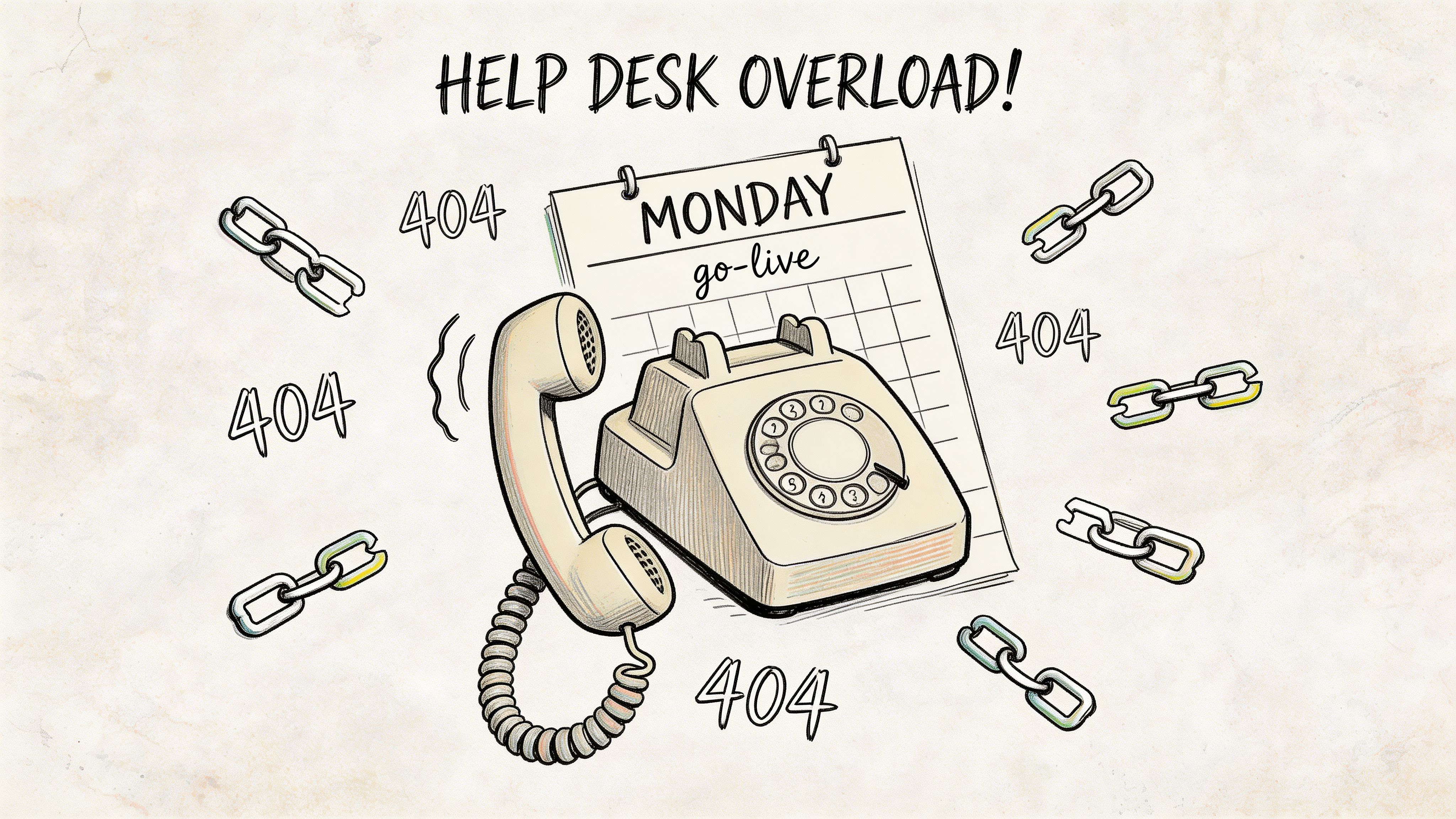 A hand-drawn illustration showing a vintage telephone over a calendar, surrounded by broken chain links and 404 errors.