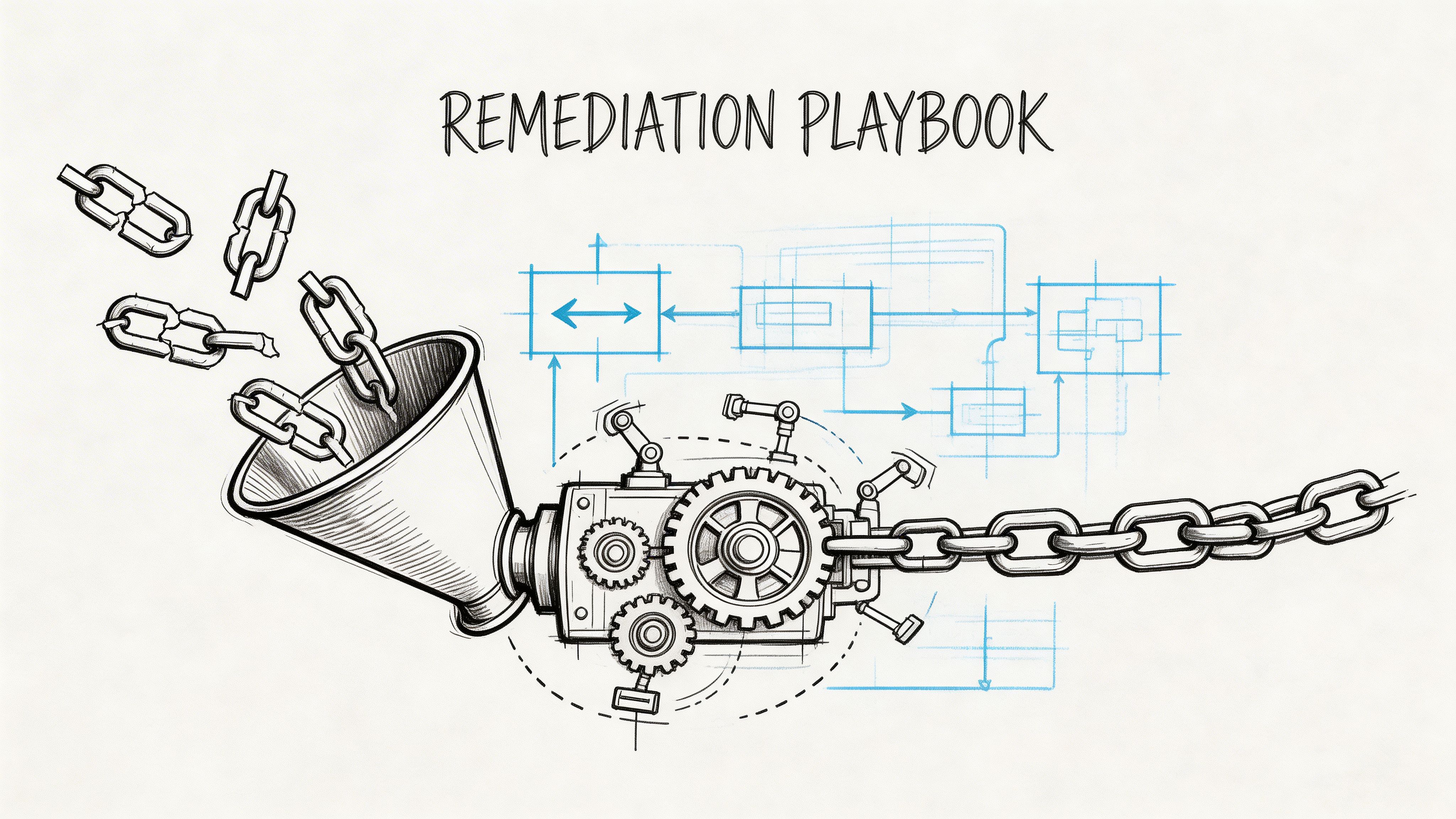 A conceptual illustration showing a mechanical device fixing broken chain links into a single, strong unified chain.