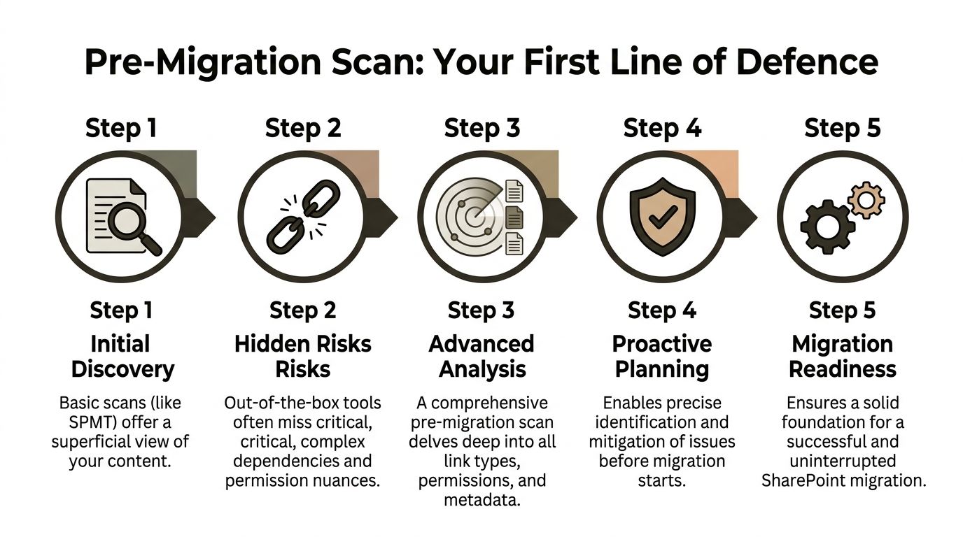 A five-step infographic illustrating the critical pre-migration scan process for a successful SharePoint migration strategy.