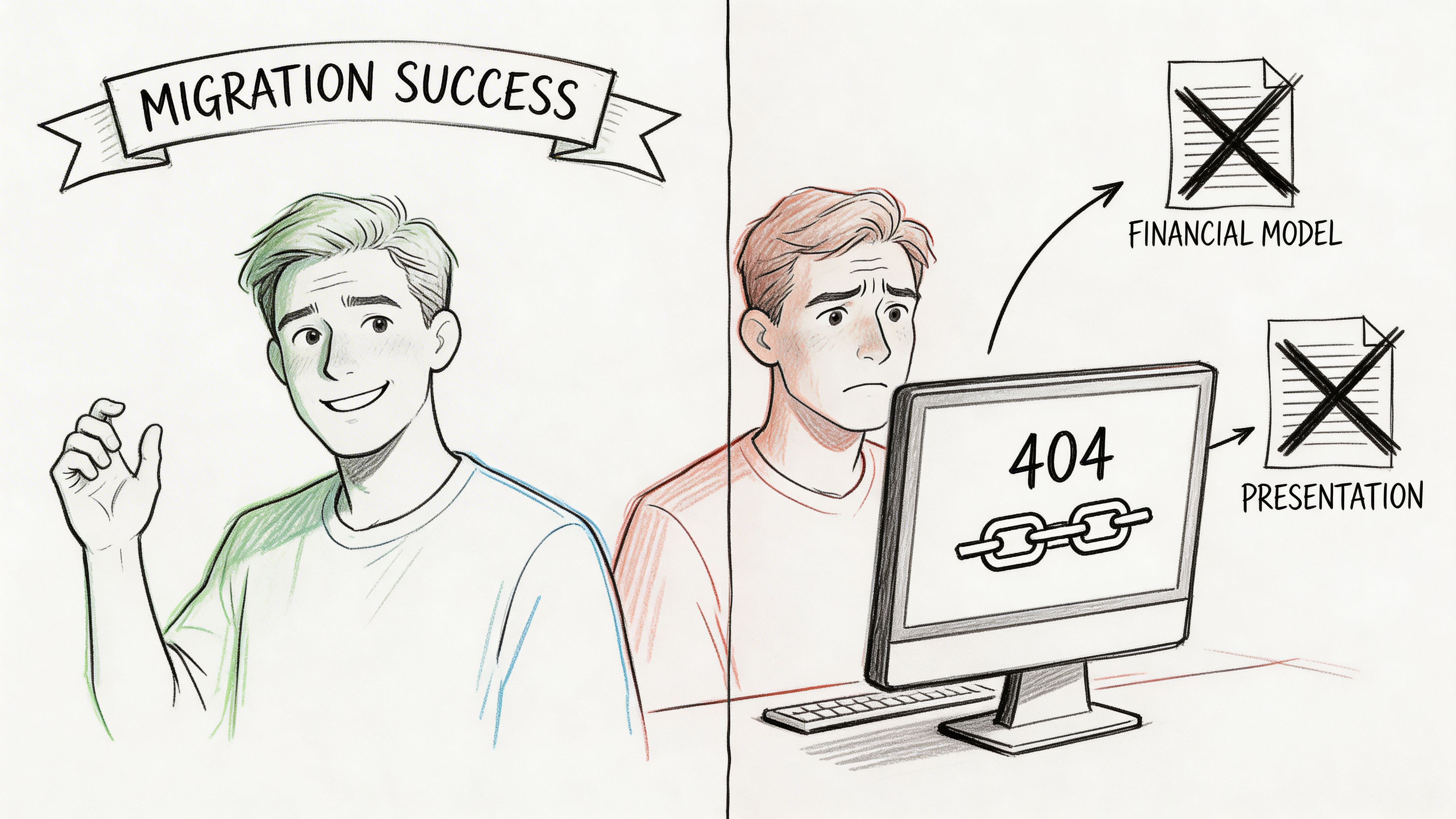 A split illustration comparing a successful SharePoint migration to one resulting in broken links and 404 errors.