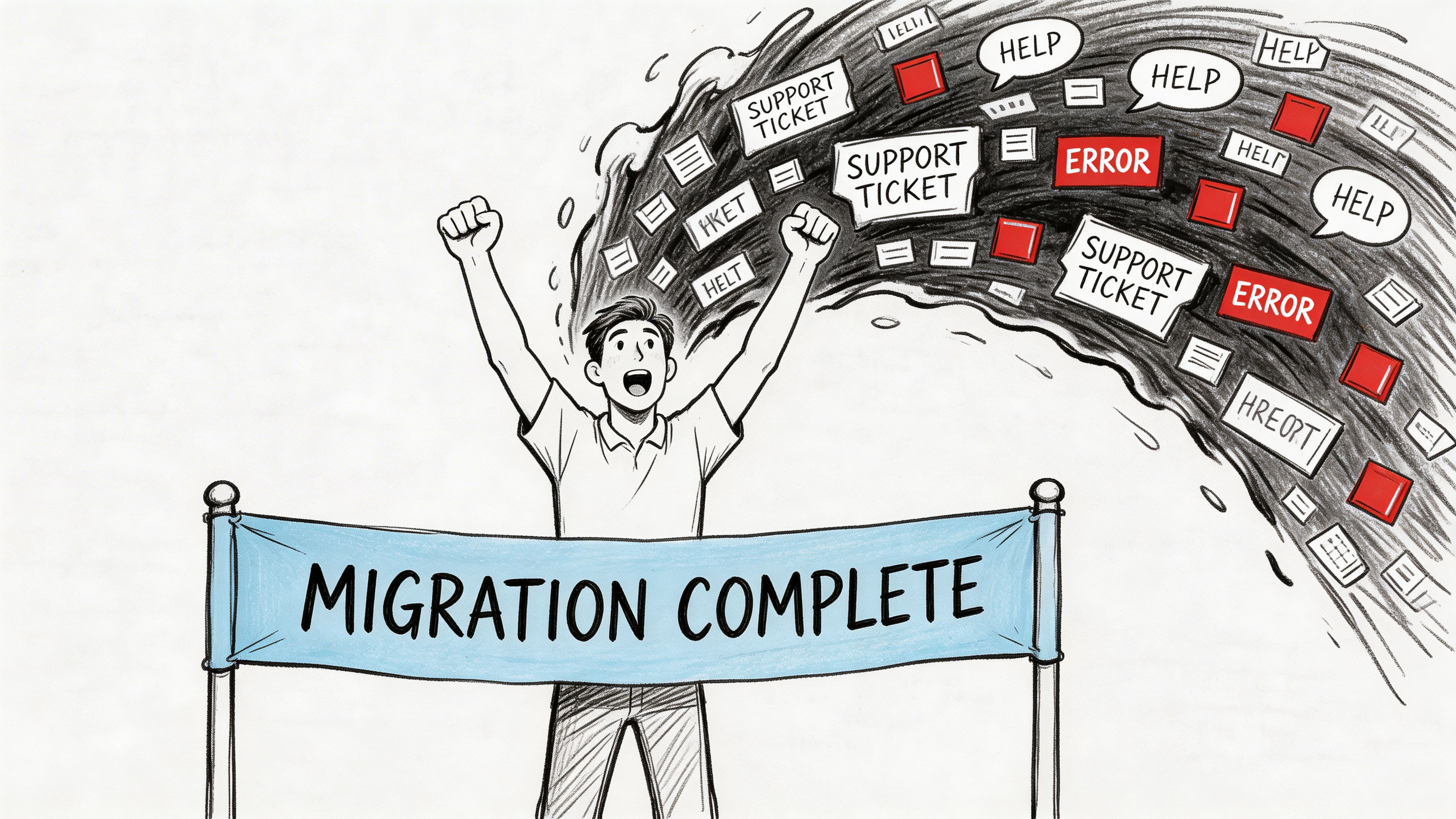 A triumphant man stands before a migration complete banner while support tickets and errors swirl behind him.