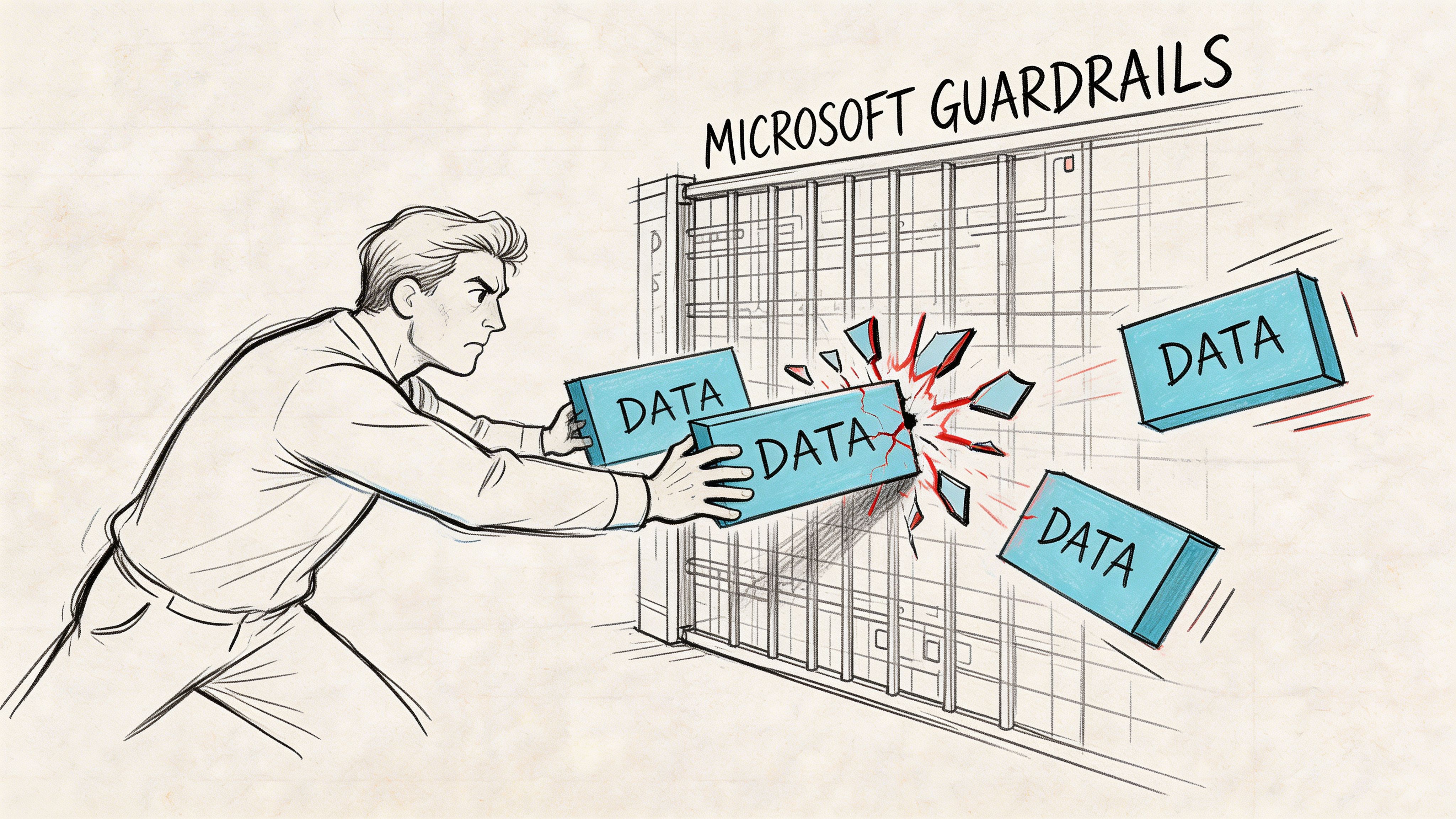 A person pushing data blocks through Microsoft guardrails, representing a breach of data security protocols.