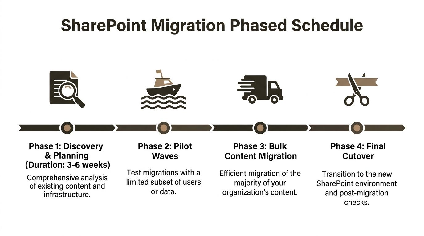 A four-phase visual diagram outlining the strategic stages of a professional SharePoint migration project schedule.