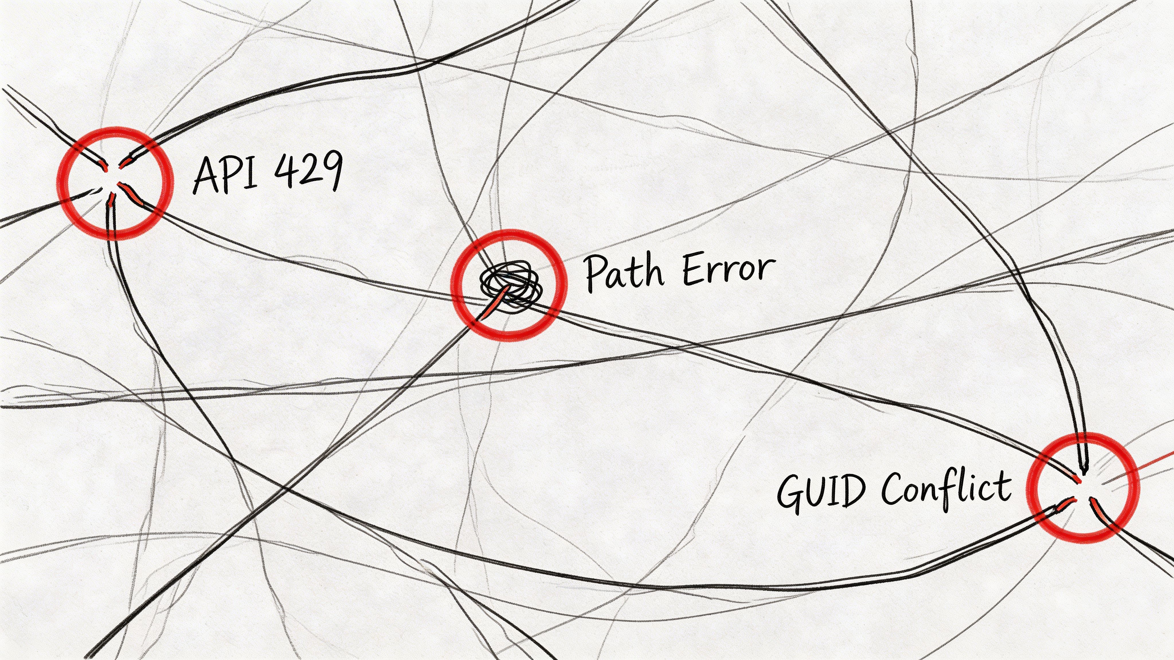 A hand-drawn sketch representing complex software migration challenges like API limits, path errors, and GUID conflicts.