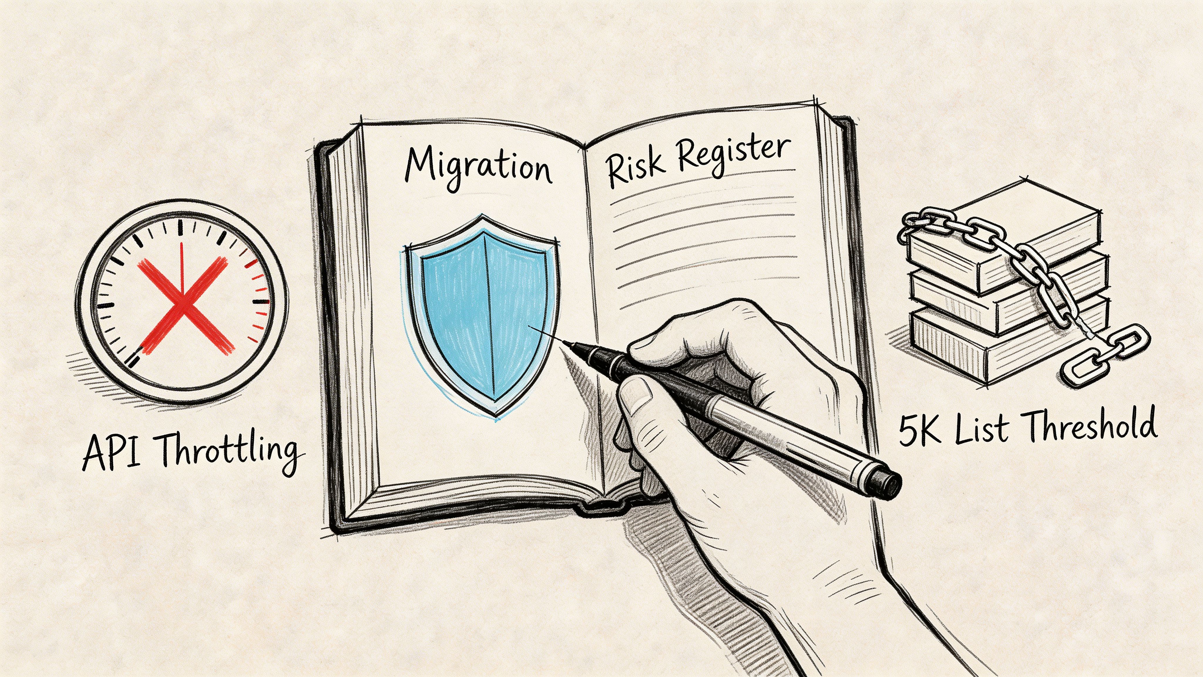 A hand drawing a shield in a Migration Risk Register book, flanked by a clock and chained books.