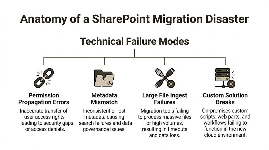 An infographic illustrating four common technical failure modes encountered during a complex SharePoint migration project.