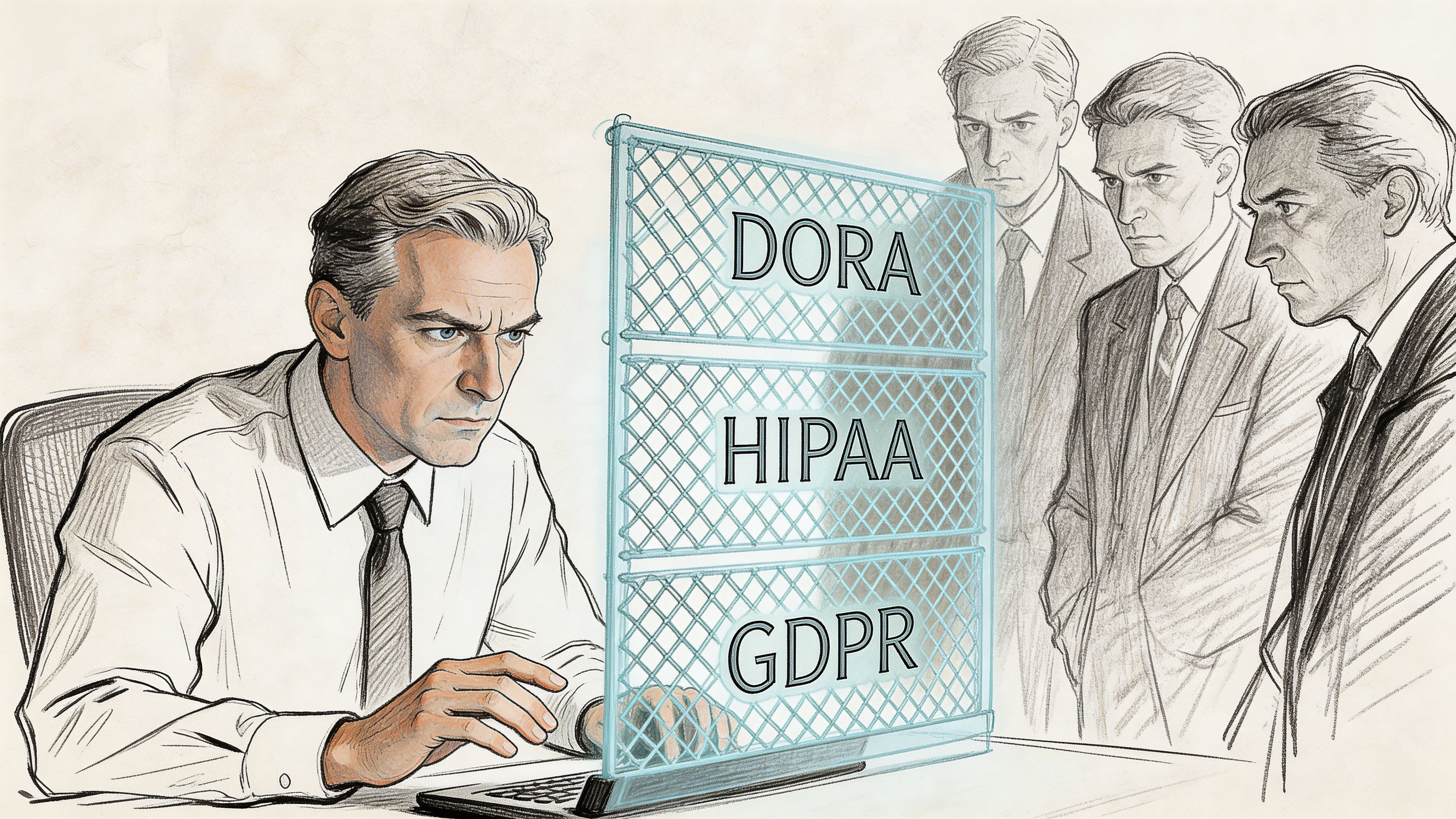 A focused IT director working on a computer screen displaying DORA, HIPAA, and GDPR regulatory compliance standards.