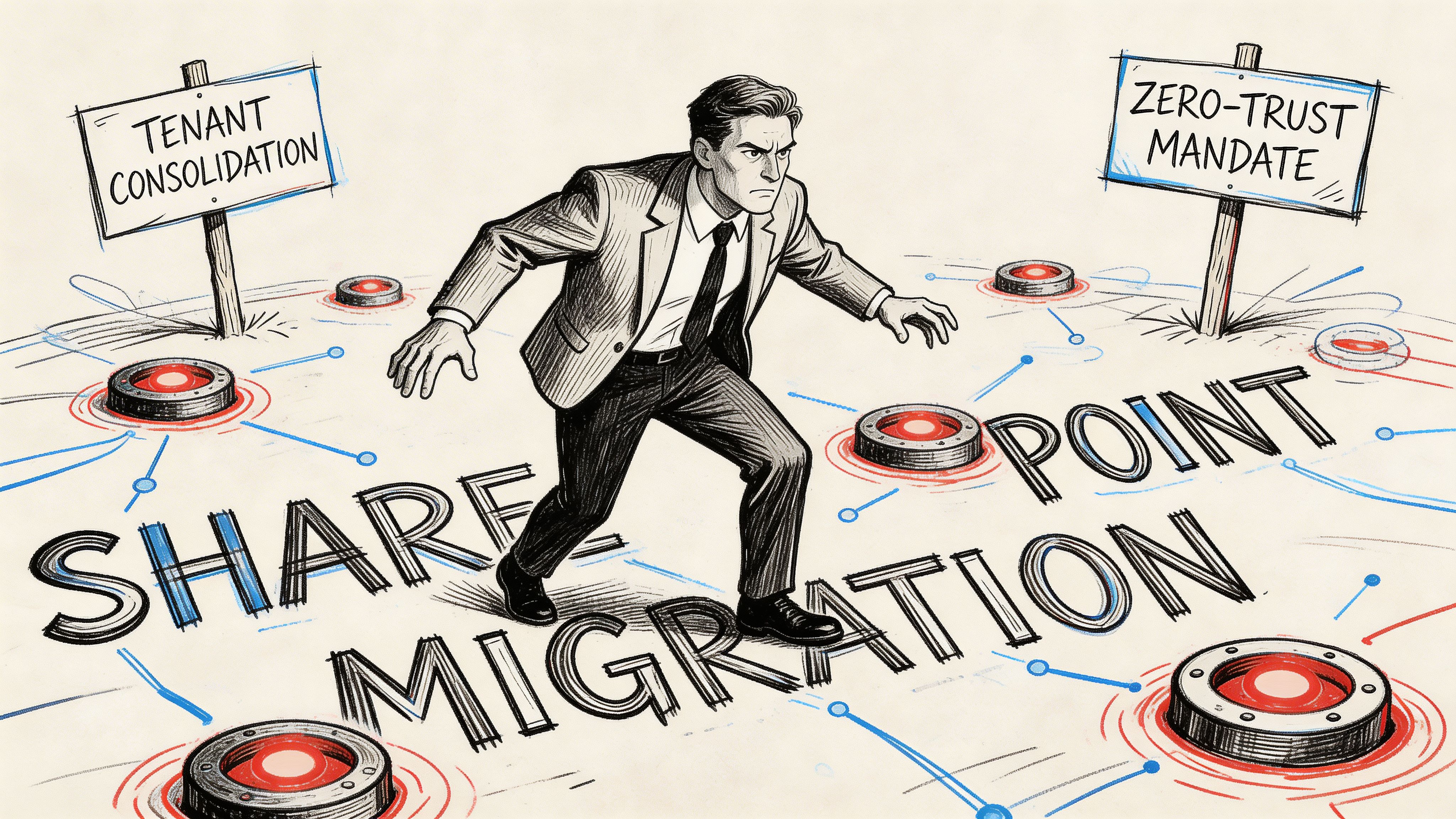 An IT director nervously navigating the complex and challenging landscape of enterprise SharePoint migration and security.