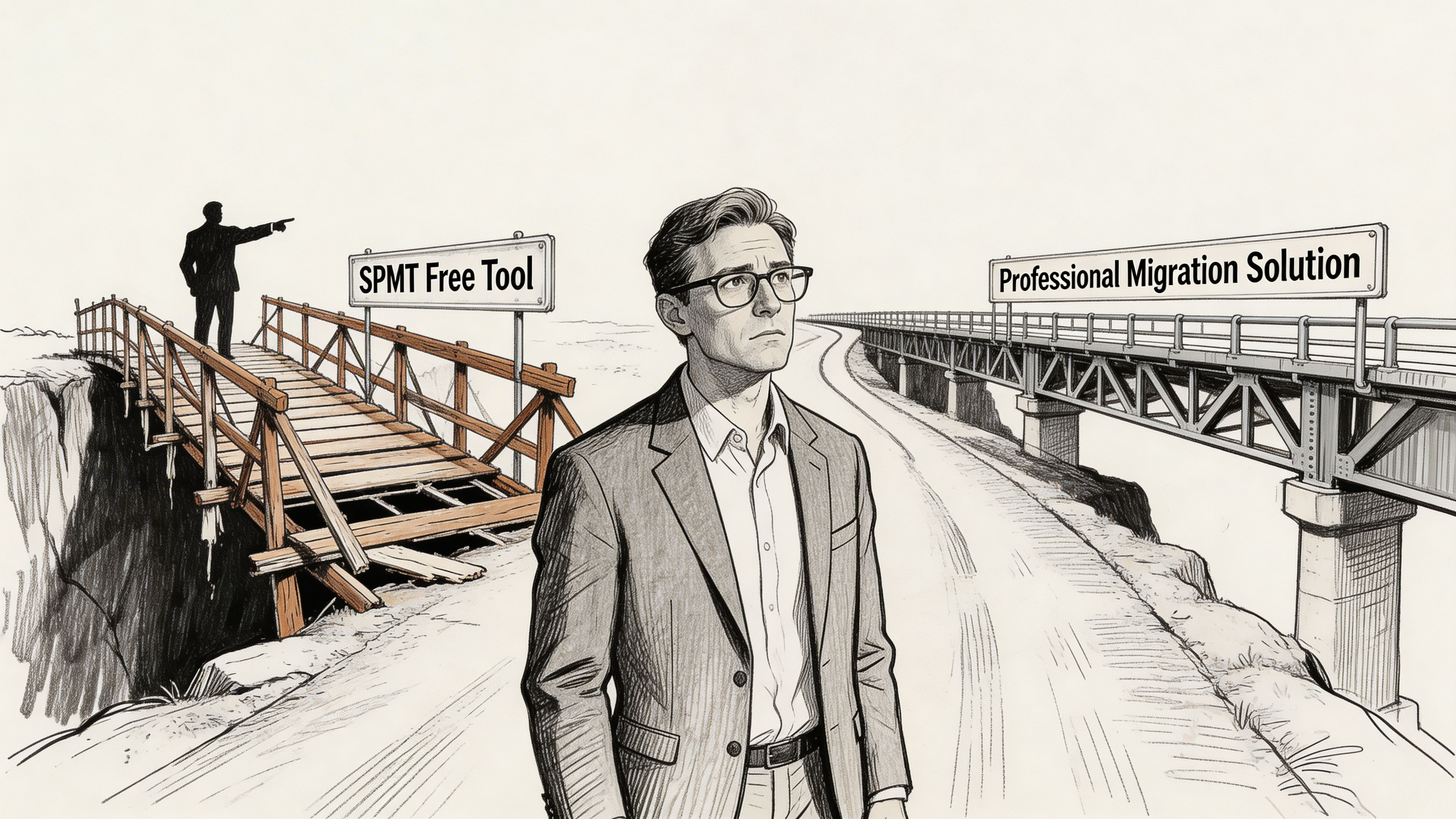 A professional man deciding between a broken wooden bridge and a sturdy professional steel bridge.