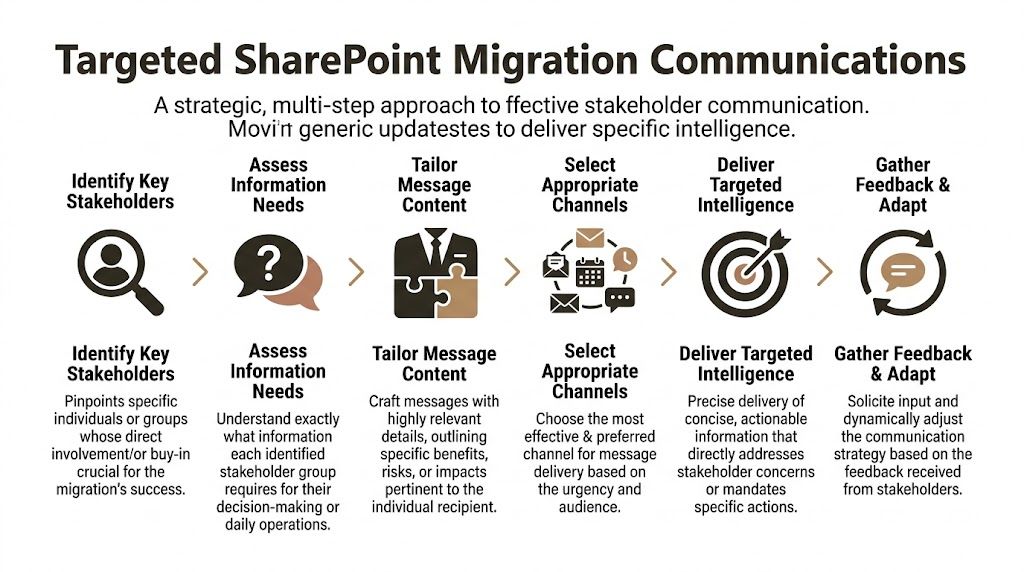 A diagram outlining a six-step strategic communication process for successful SharePoint migration stakeholder management and engagement.