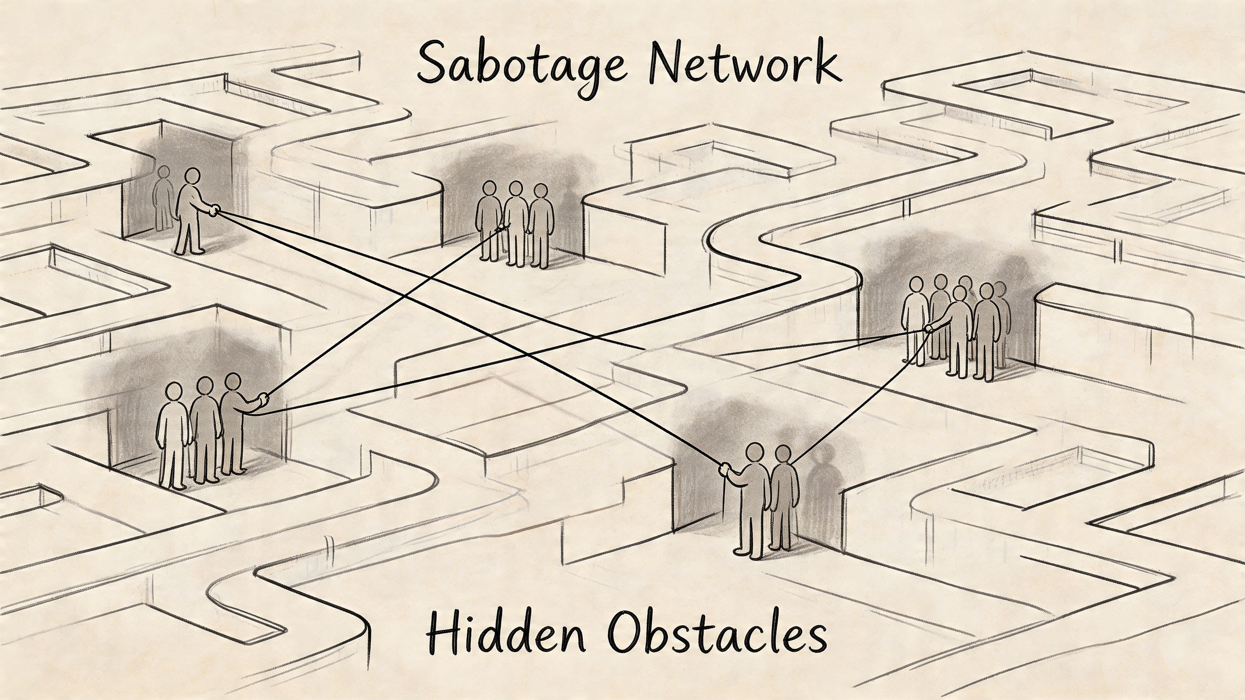 A conceptual sketch illustrating a network of people connected by lines within a complex maze environment.