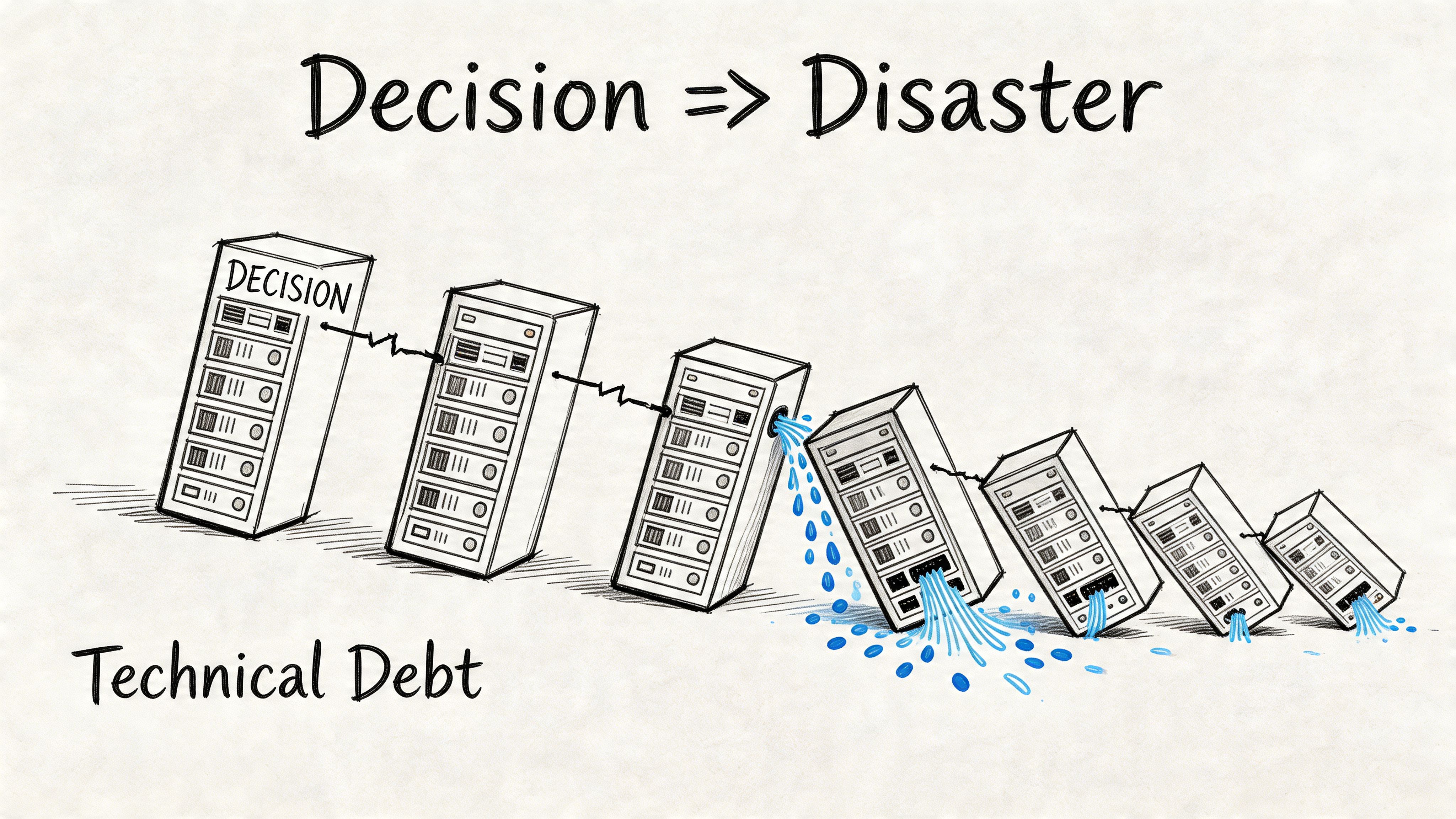 A line of servers falling like dominoes, illustrating how a technical decision leads to a disaster.