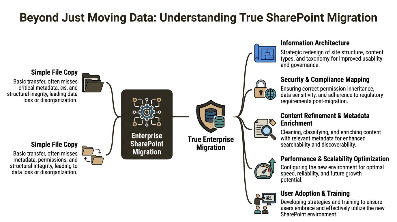 A diagram contrasting basic file copying with true enterprise SharePoint migration strategies and key optimization pillars.