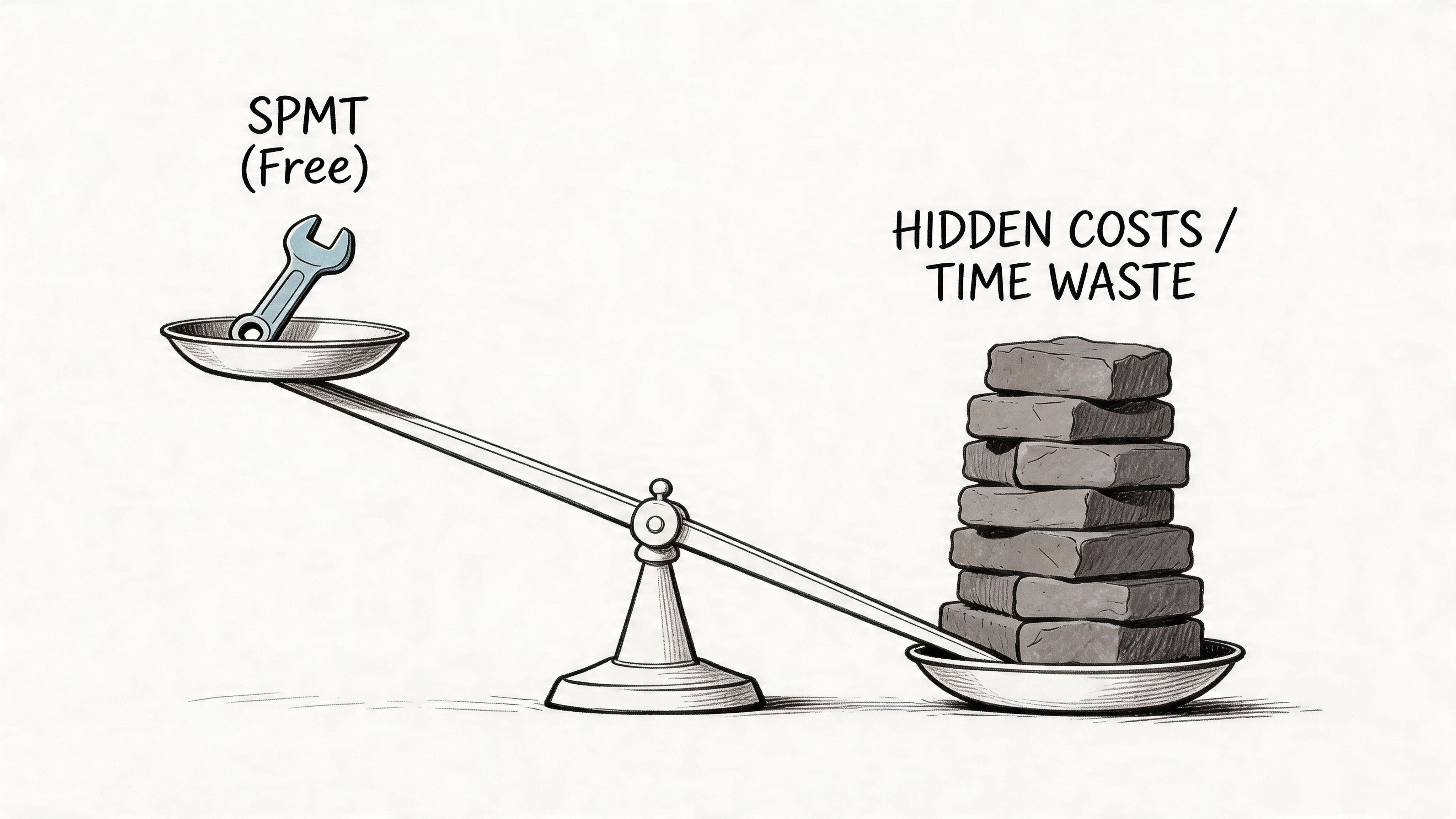 A scale comparing a free SharePoint migration tool to a large stack of hidden costs and time.