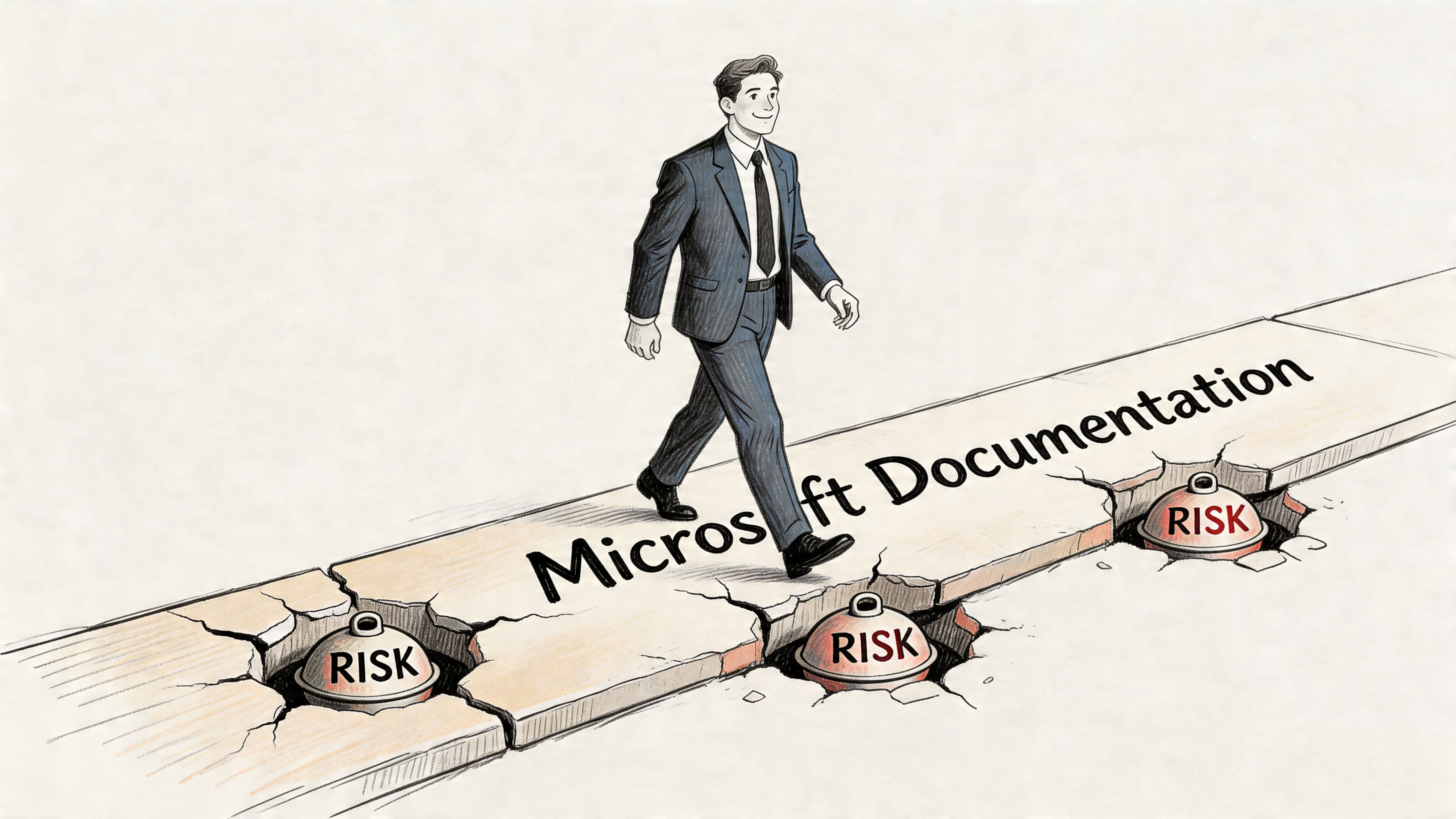 A businessman confidently walking over cracked ground labeled Microsoft Documentation while avoiding dangerous risk traps below.