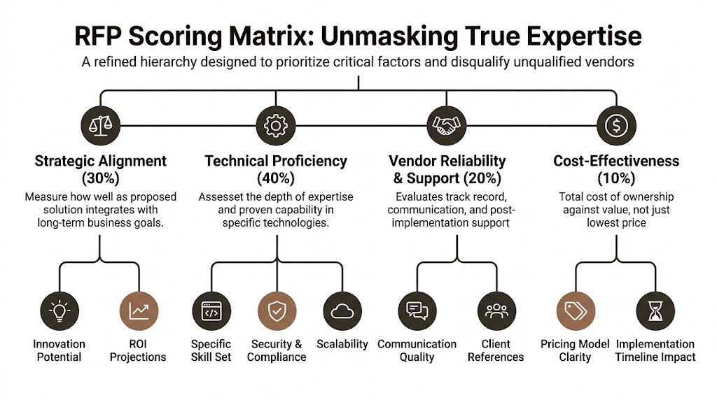 A hierarchical RFP scoring matrix infographic illustrating criteria for evaluating vendors based on strategic, technical, and financial factors.