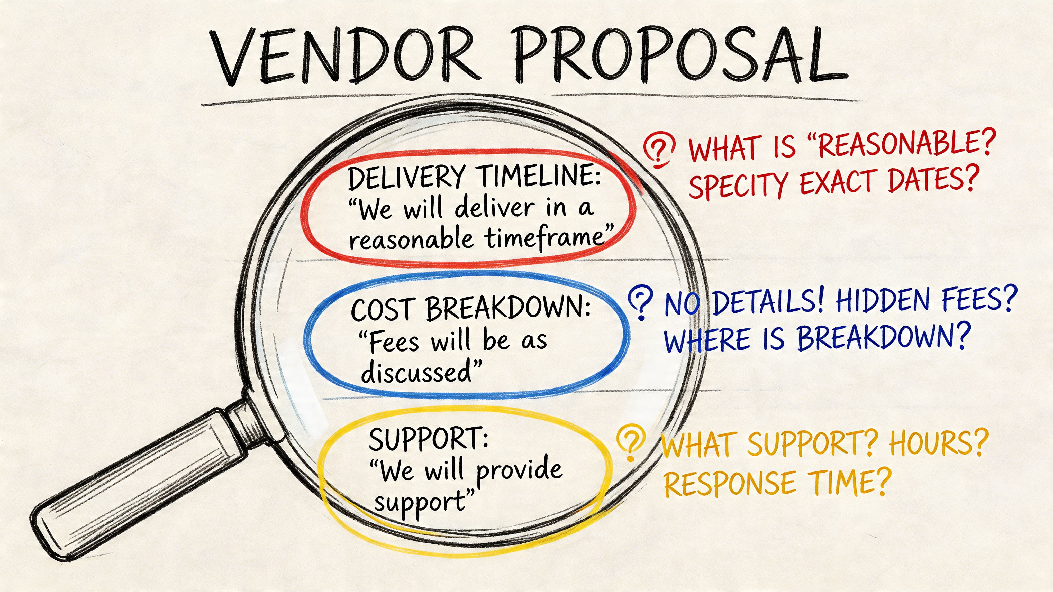 A magnifying glass inspecting ambiguous vendor proposal terms such as delivery, cost, and support services.