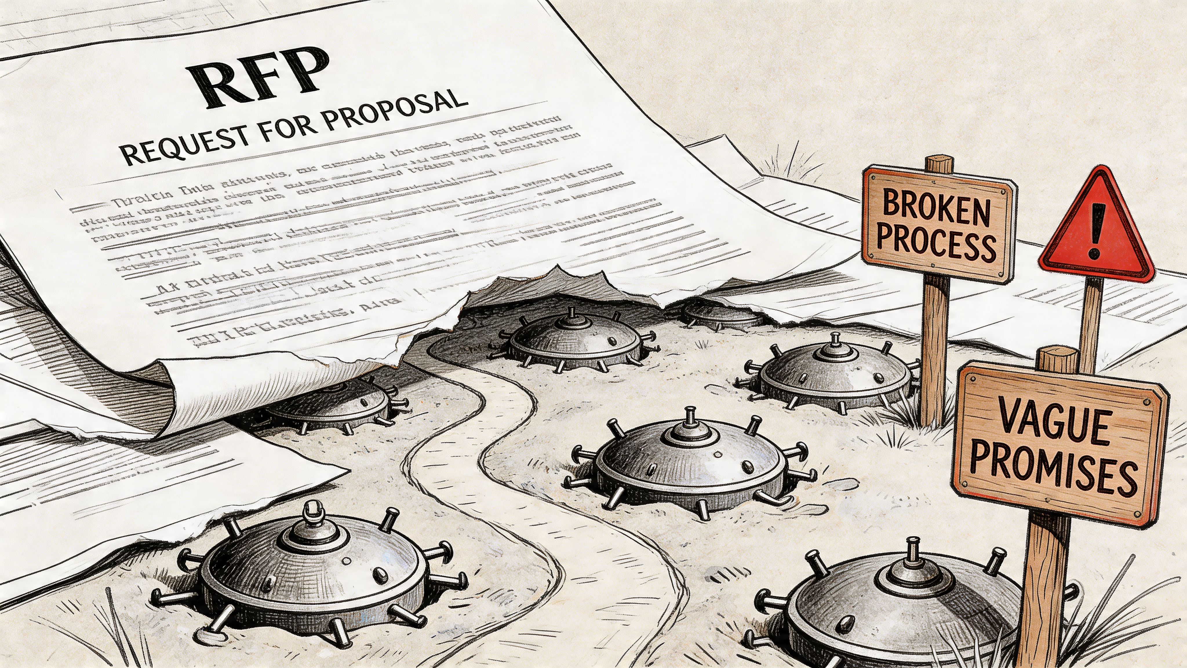 An illustration showing a Request for Proposal document hiding landmines, symbolizing a broken process and vague promises.