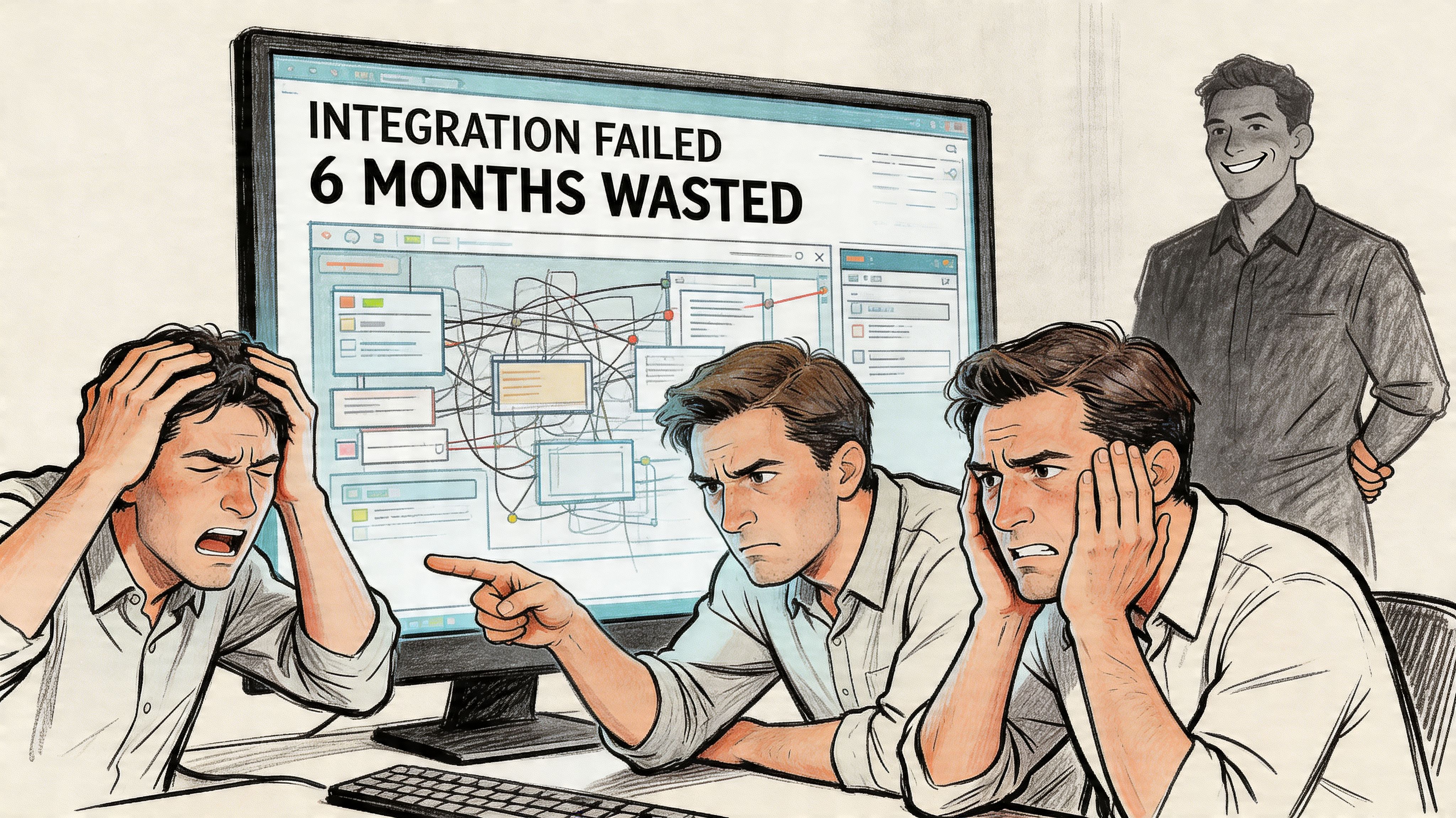A team of stressed professionals looking at a monitor displaying a failed software integration project report.
