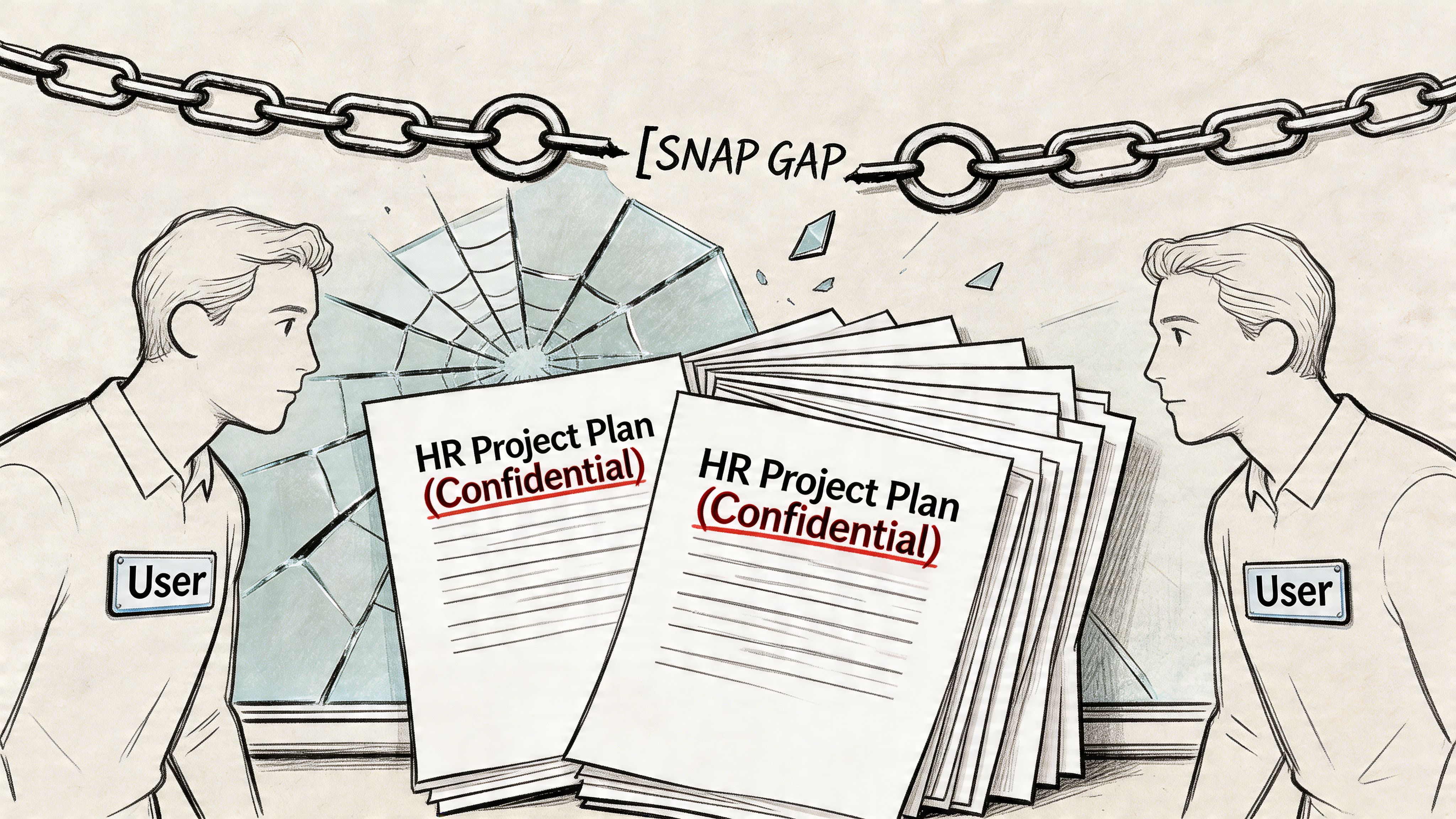 A conceptual illustration of a broken chain representing a security gap in HR project management documentation.