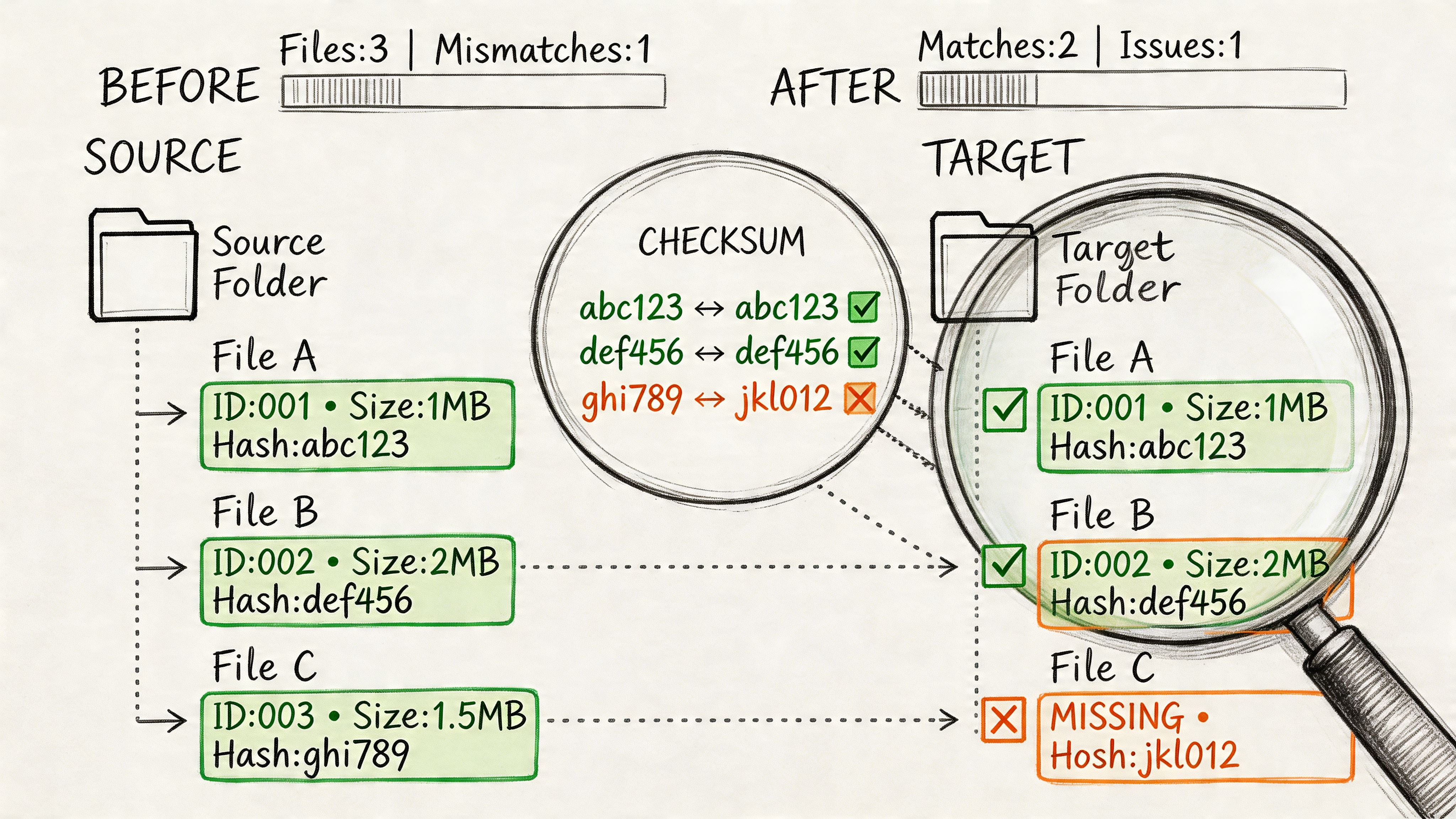 A diagram comparing source and target folders, illustrating file checksum verification, matching files, and missing data detection.