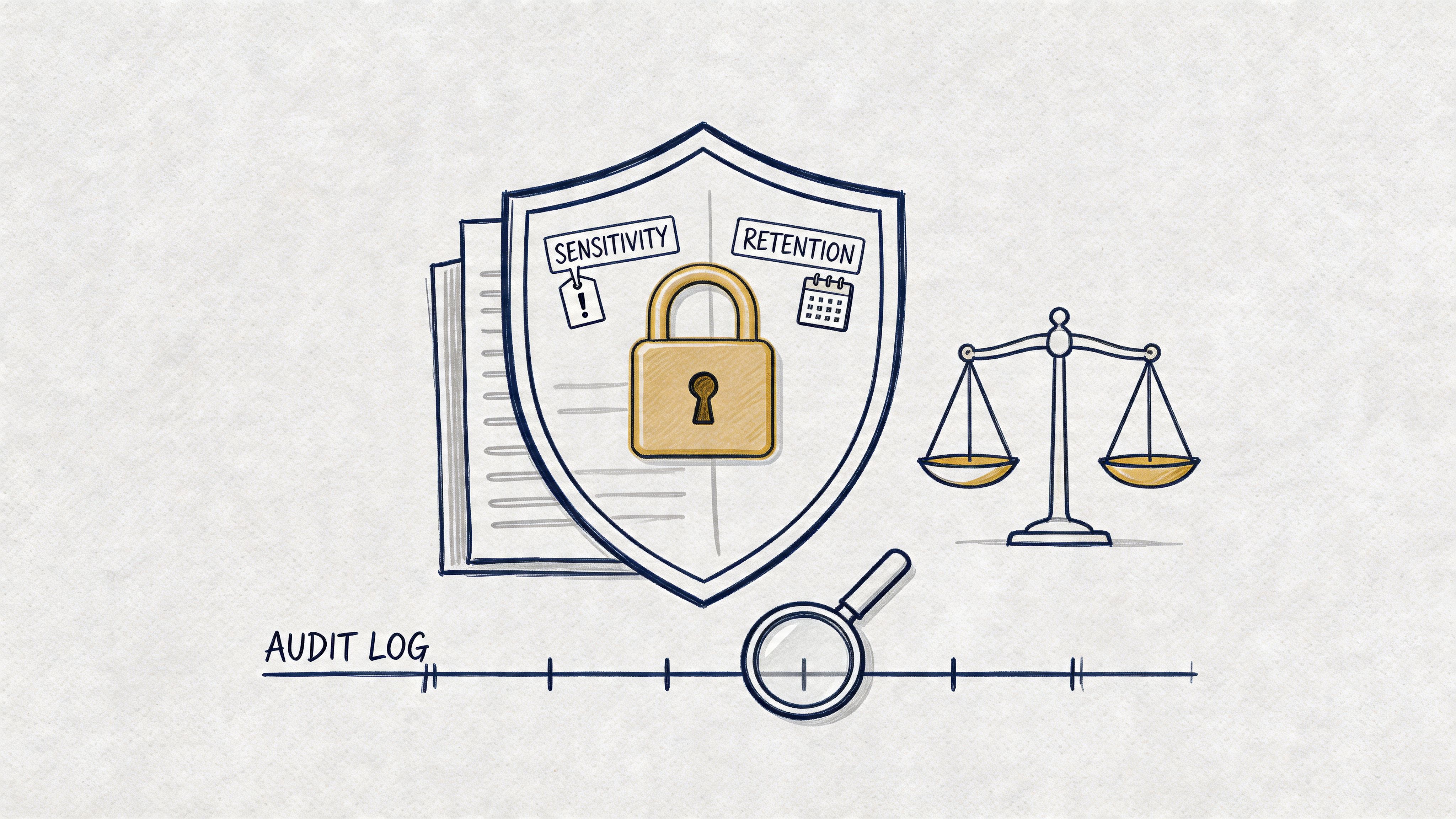 A hand-drawn illustration depicting a security shield with a padlock, document, scales of justice, and an audit log.