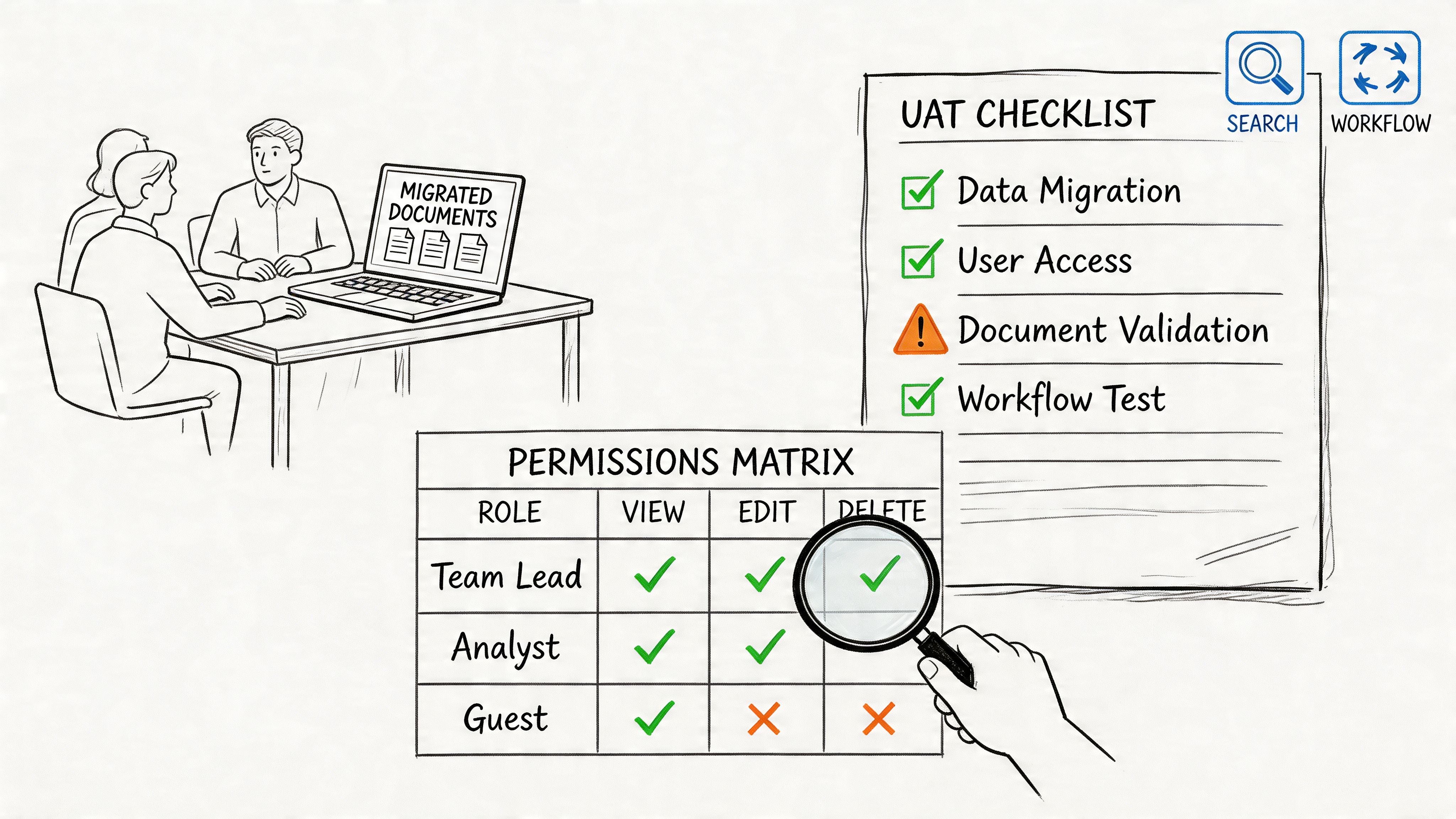 A hand-drawn illustration showing a team performing UAT testing on migrated documents and checking permissions matrix.