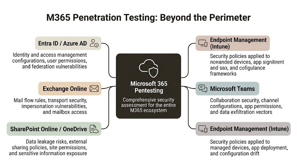 A diagram illustrating the key areas of a comprehensive Microsoft 365 security penetration test assessment process.