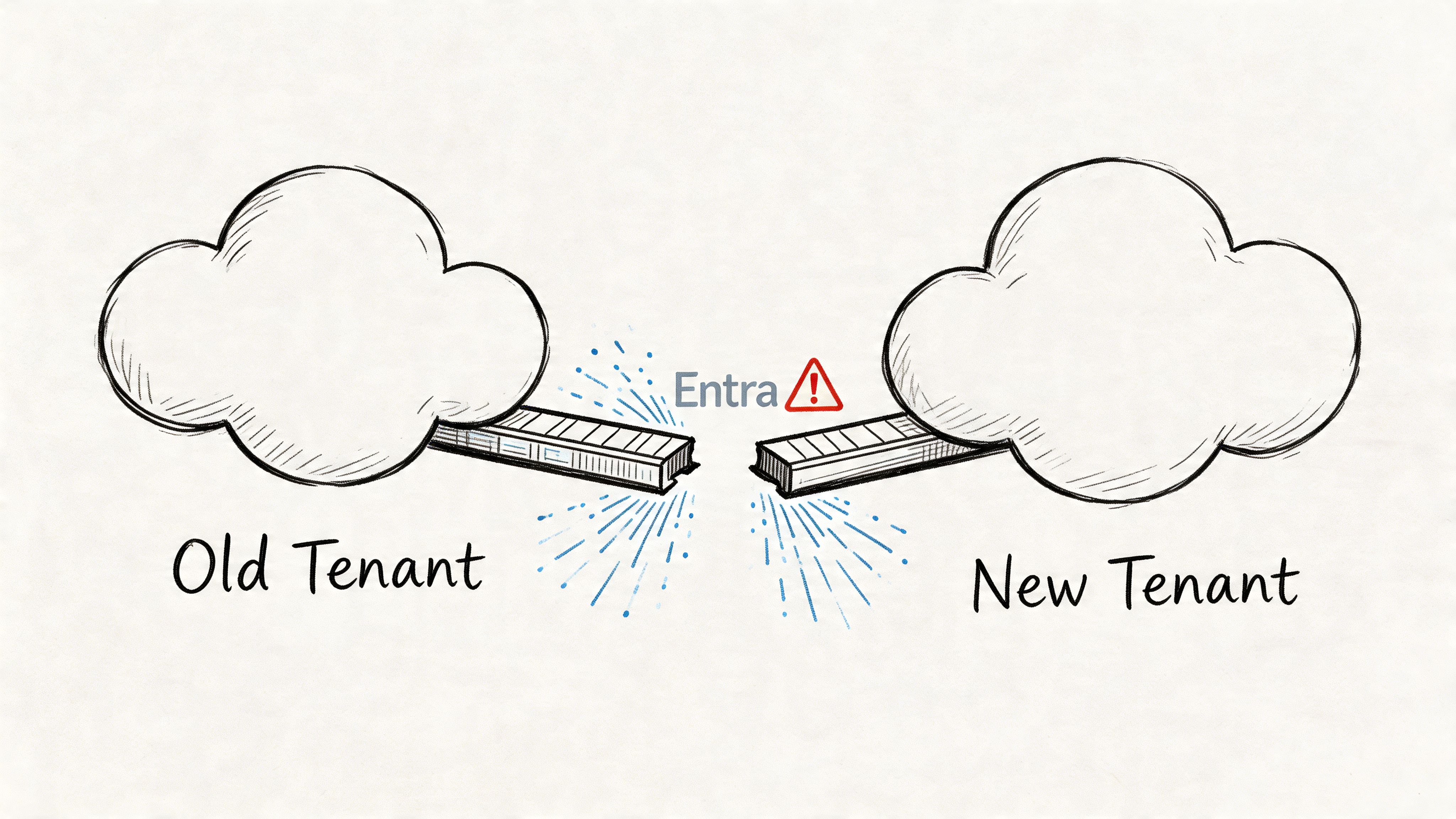 A conceptual hand-drawn illustration showing a disconnection between an old tenant and a new tenant cloud infrastructure.