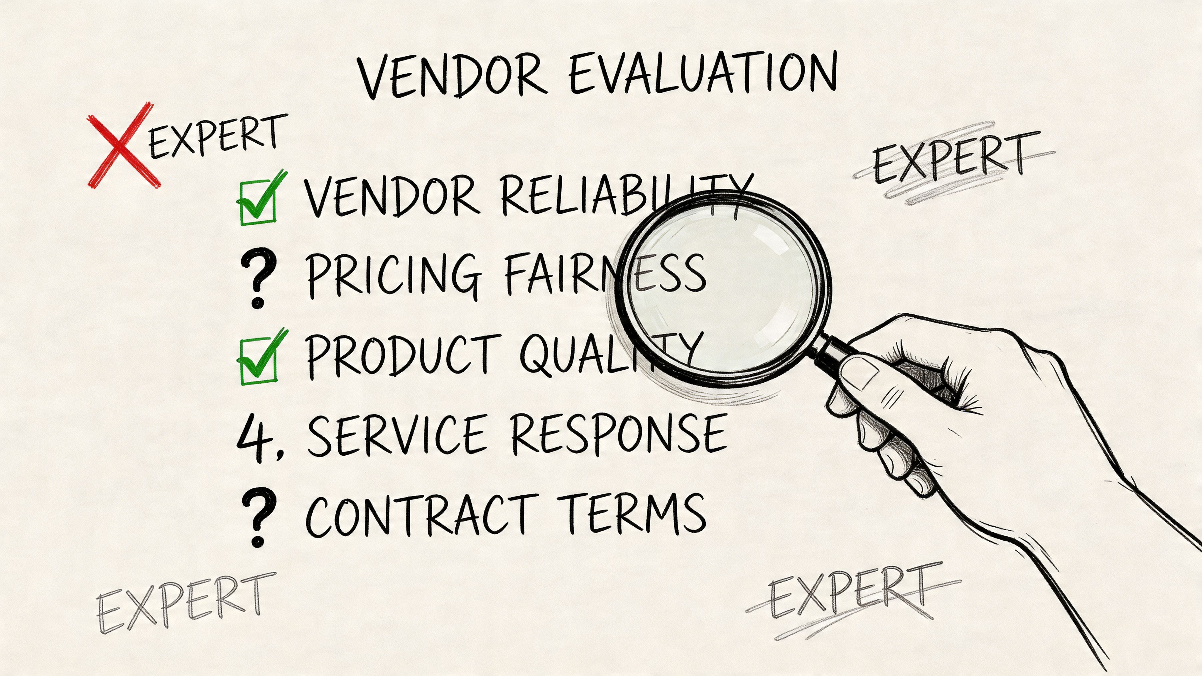 A hand holding a magnifying glass over a vendor evaluation checklist with various icons and labels.