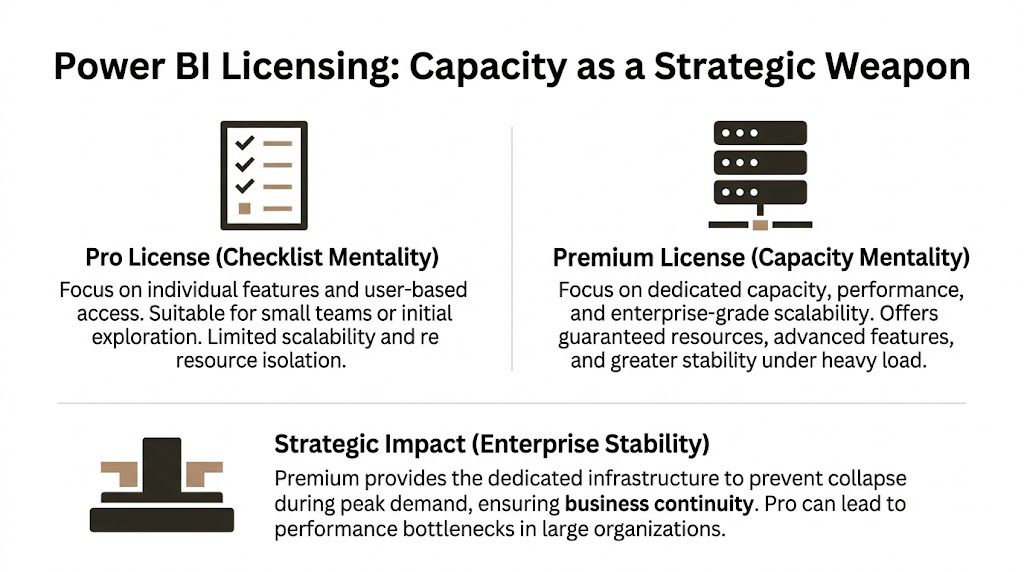 A comparison chart showing Power BI Pro and Premium licensing options and their strategic enterprise impact.