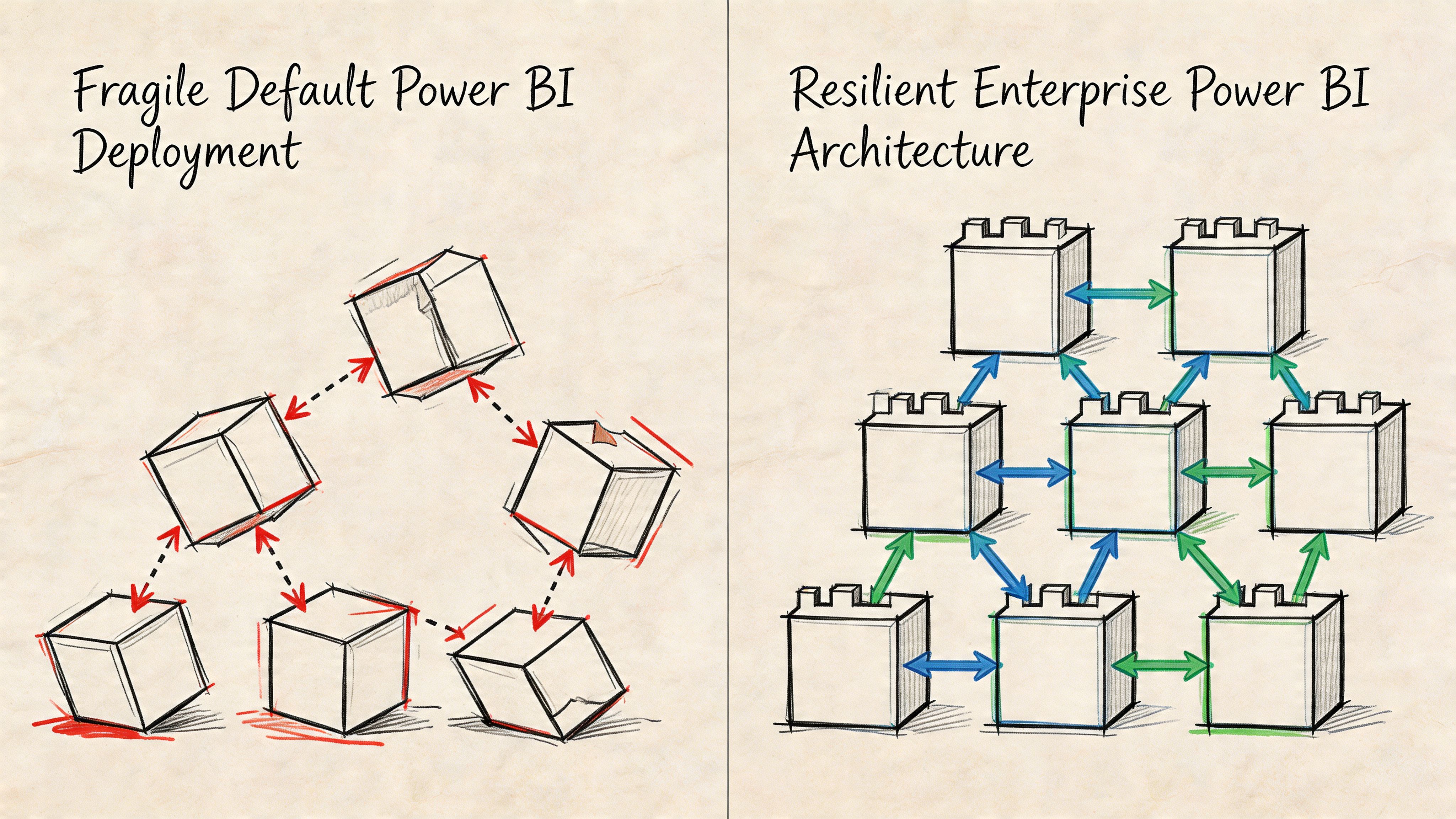 A conceptual sketch comparing a disorganized, fragile Power BI deployment to a structured, resilient enterprise architecture.