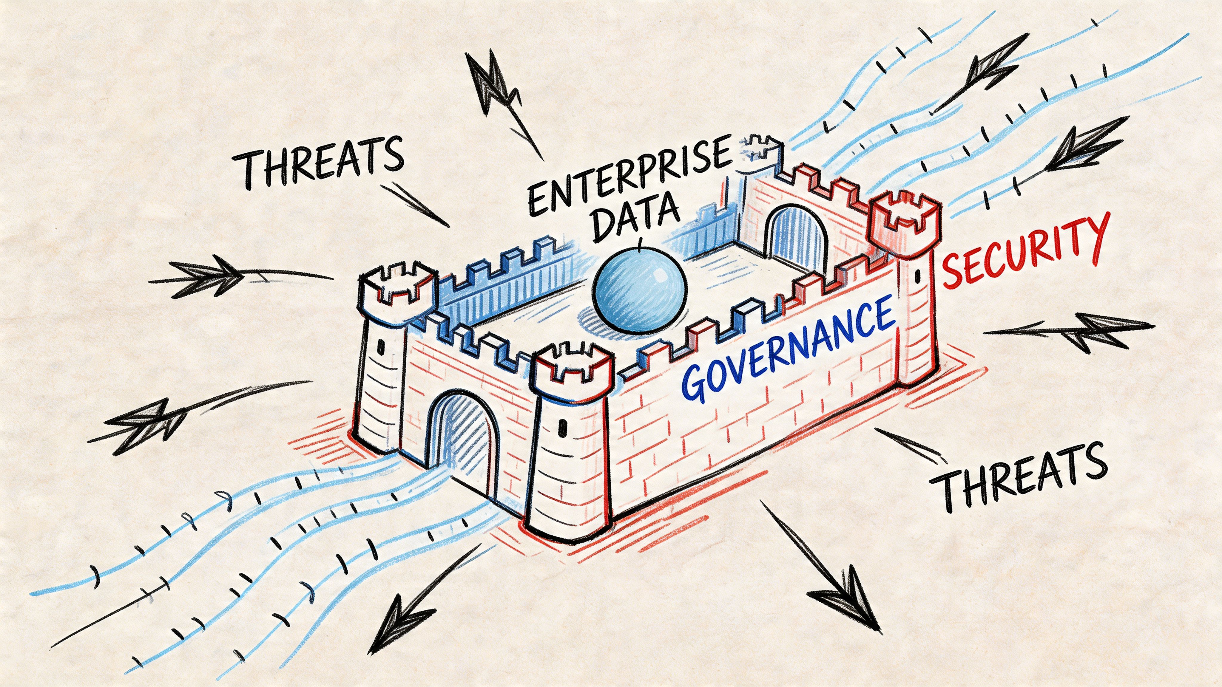 A hand-drawn illustration showing a castle protecting enterprise data against incoming threats with governance and security.