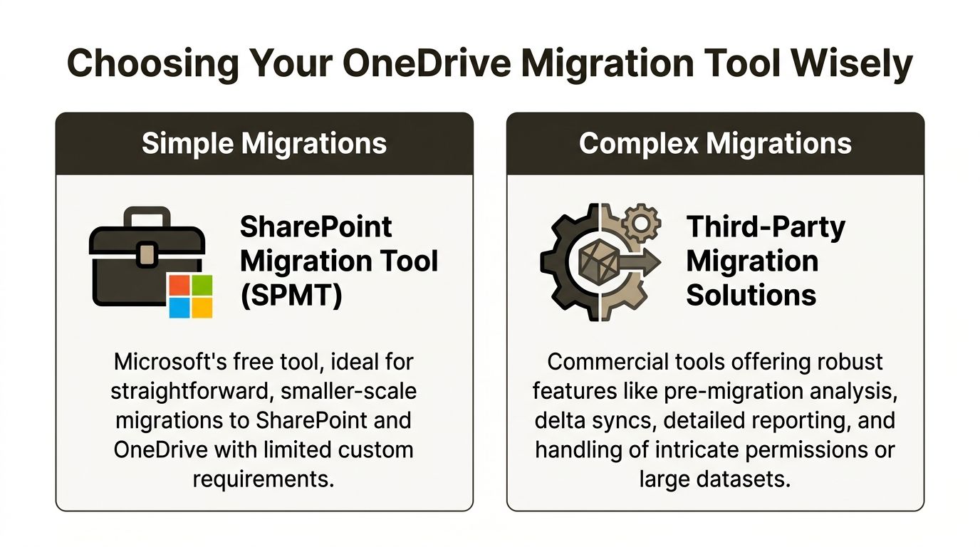 A comparison chart explaining when to use the Microsoft SharePoint Migration Tool versus third-party migration solutions.