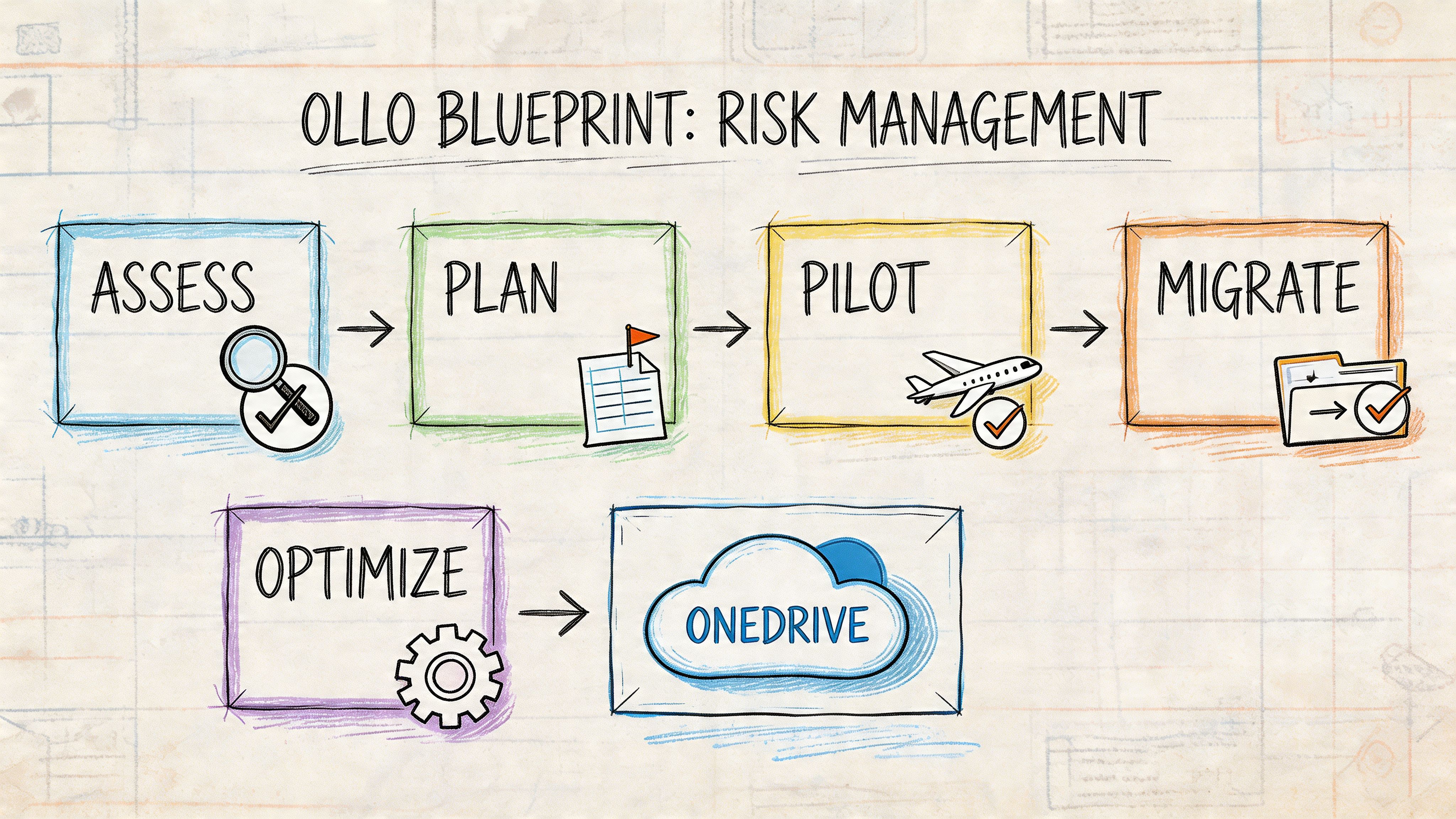 A diagram illustrating a five-step risk management blueprint process for migrating to OneDrive for business.