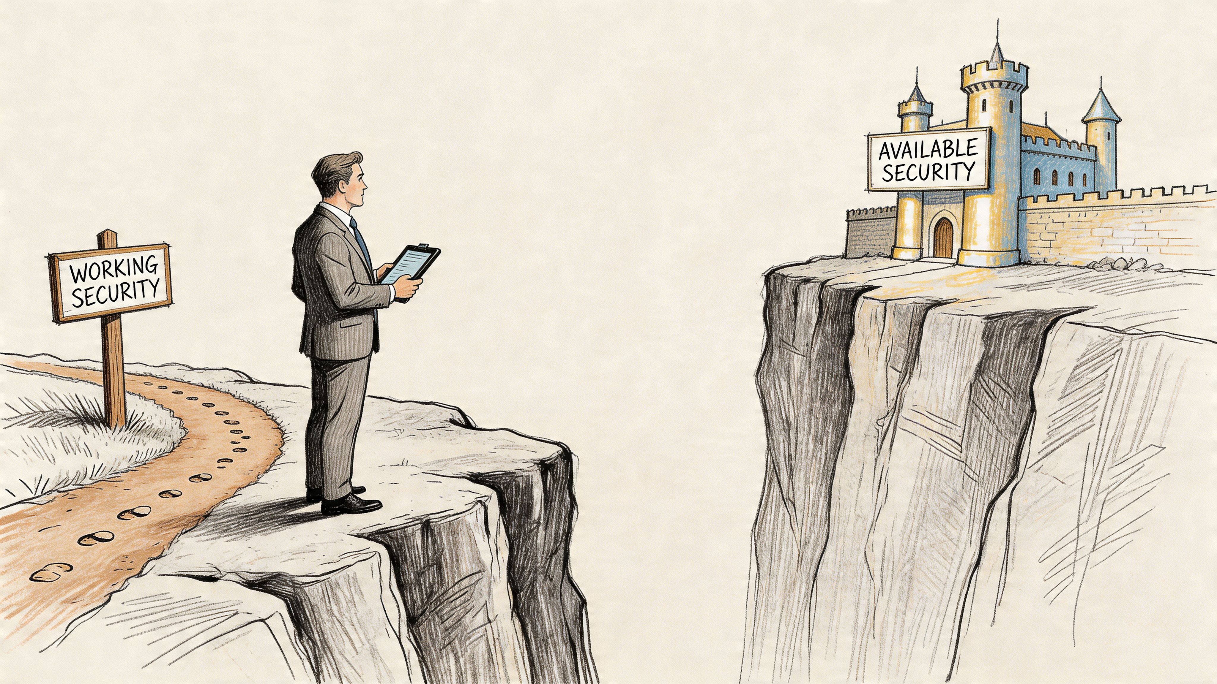 A businessman standing at the edge of a cliff, looking across a gap at a castle labeled Available Security.
