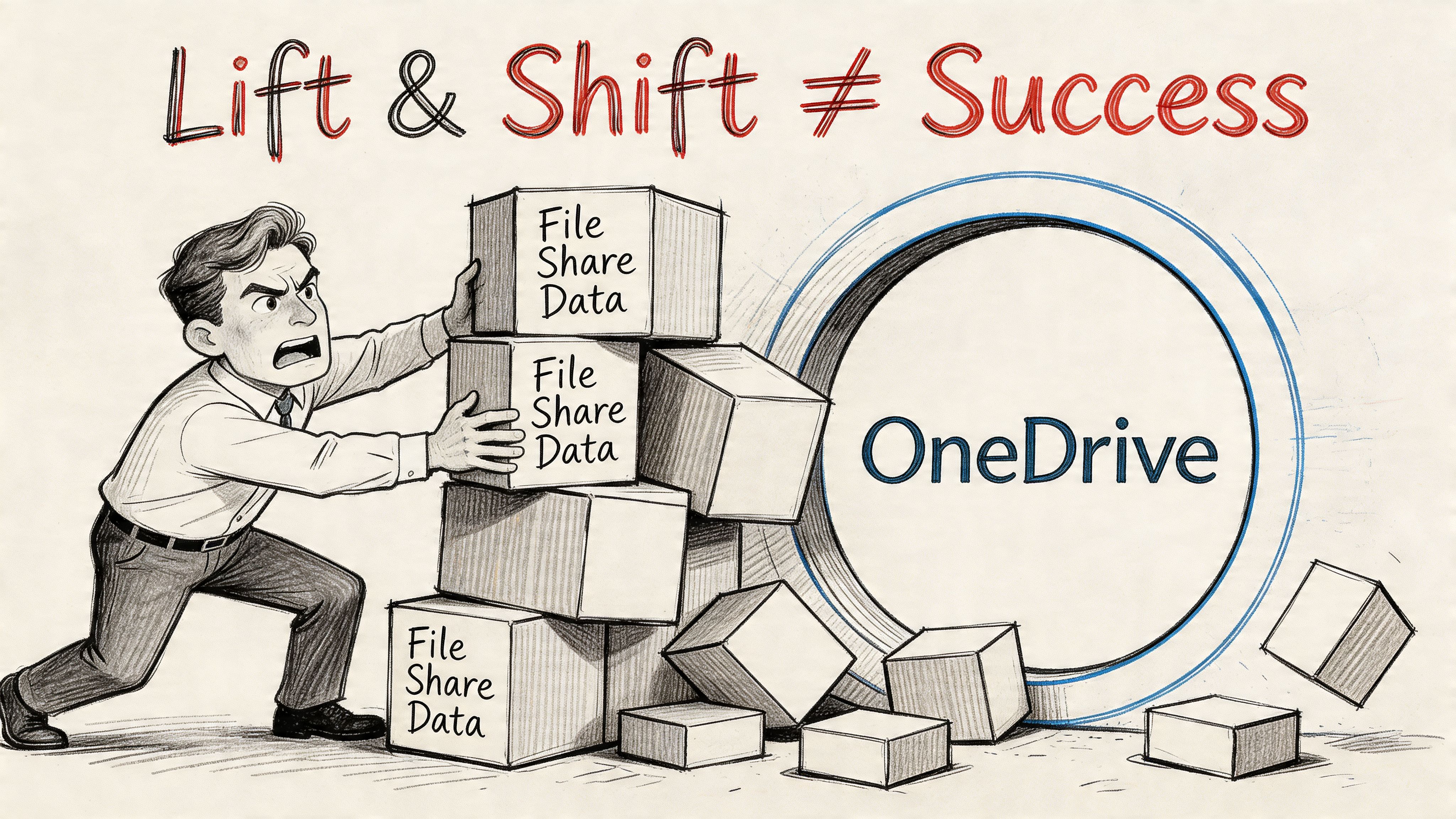 A frustrated businessman struggles to push a messy stack of boxes labeled File Share Data into OneDrive.
