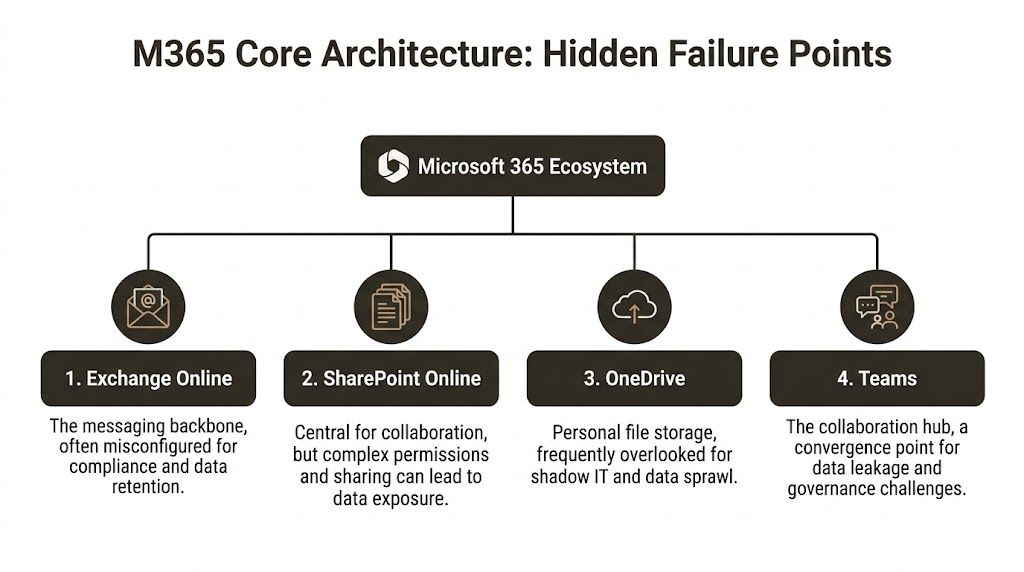 A diagram illustrating the four key components of Microsoft 365 and their specific hidden security failure points.