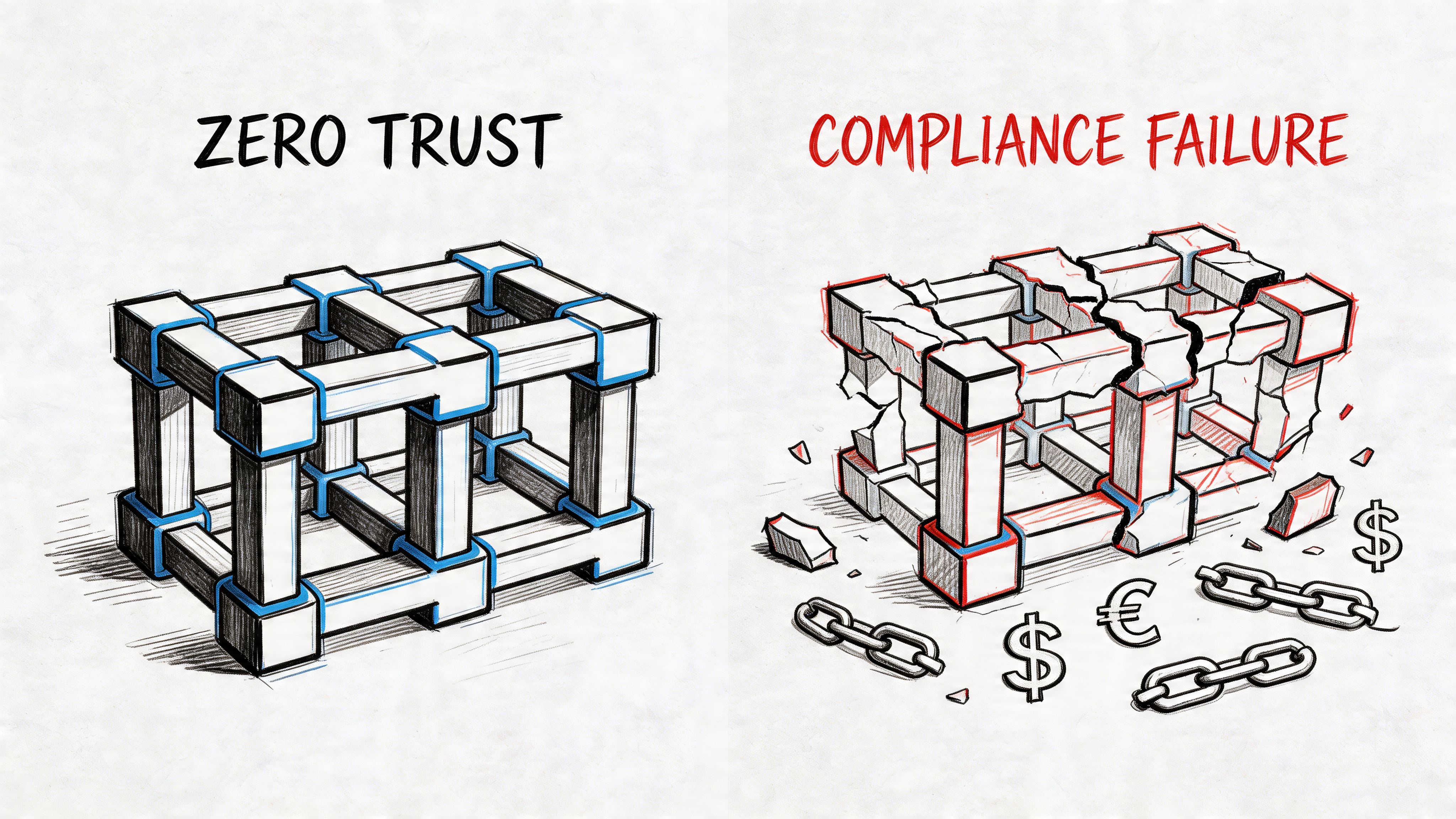 A conceptual illustration contrasting a secure Zero Trust block structure with a broken Compliance Failure structure.