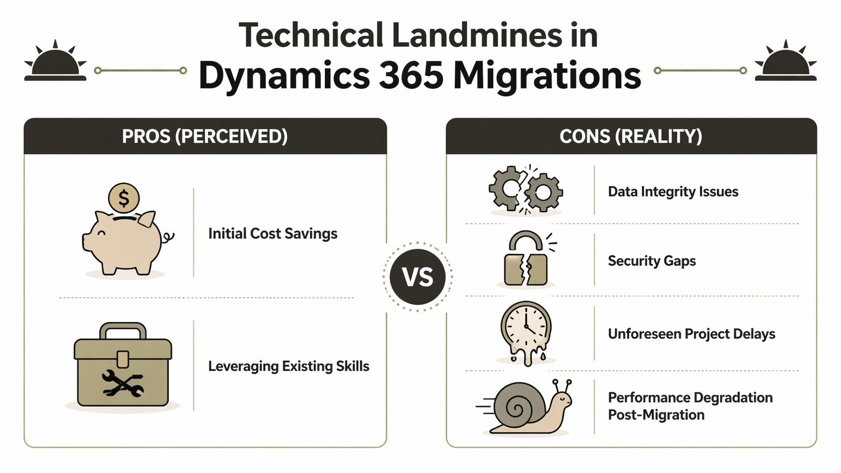 An infographic titled Technical Landmines in Dynamics 365 Migrations comparing perceived pros against reality cons.