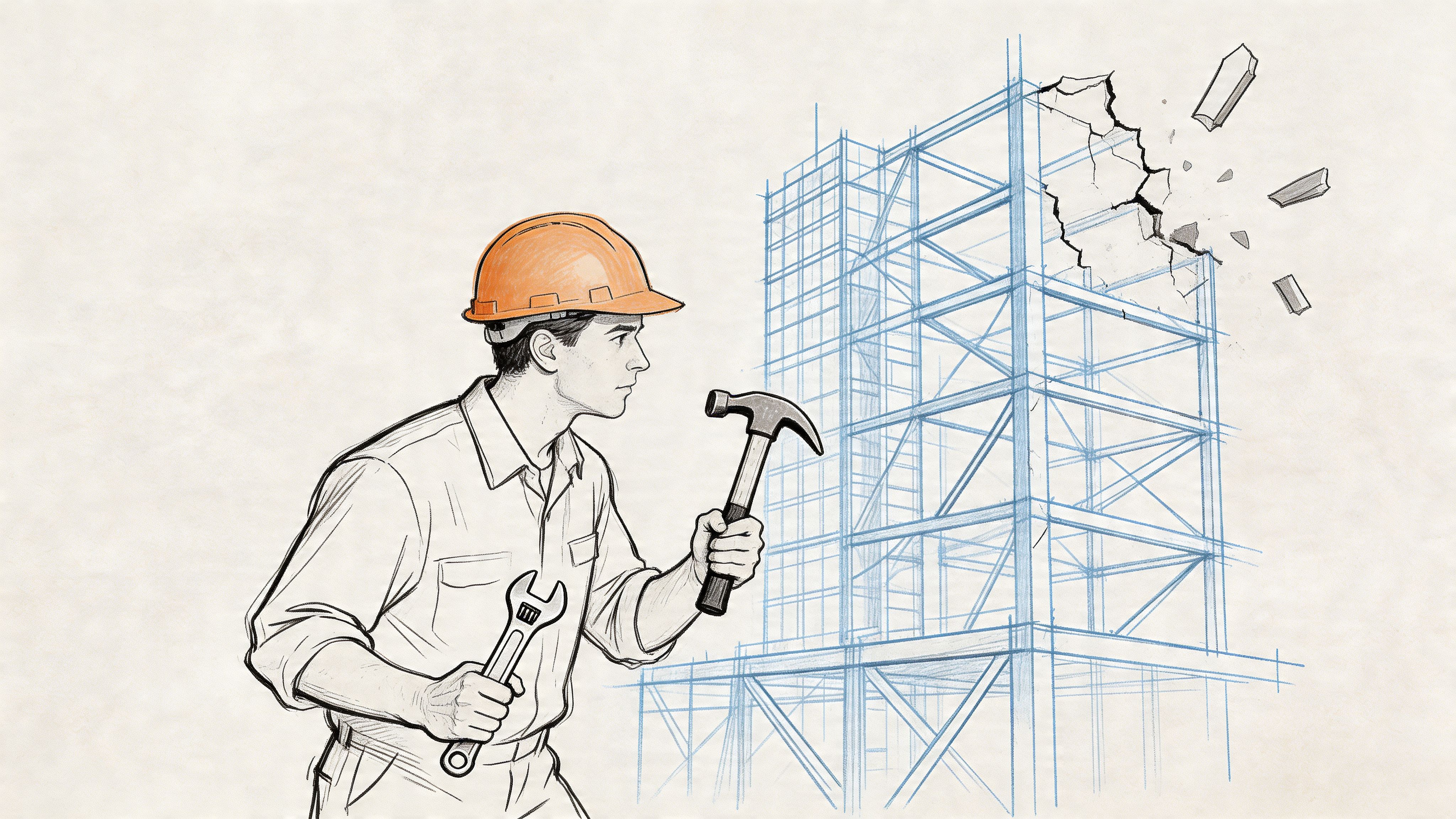 A construction worker wearing an orange hard hat holds a hammer and wrench in front of blueprints.