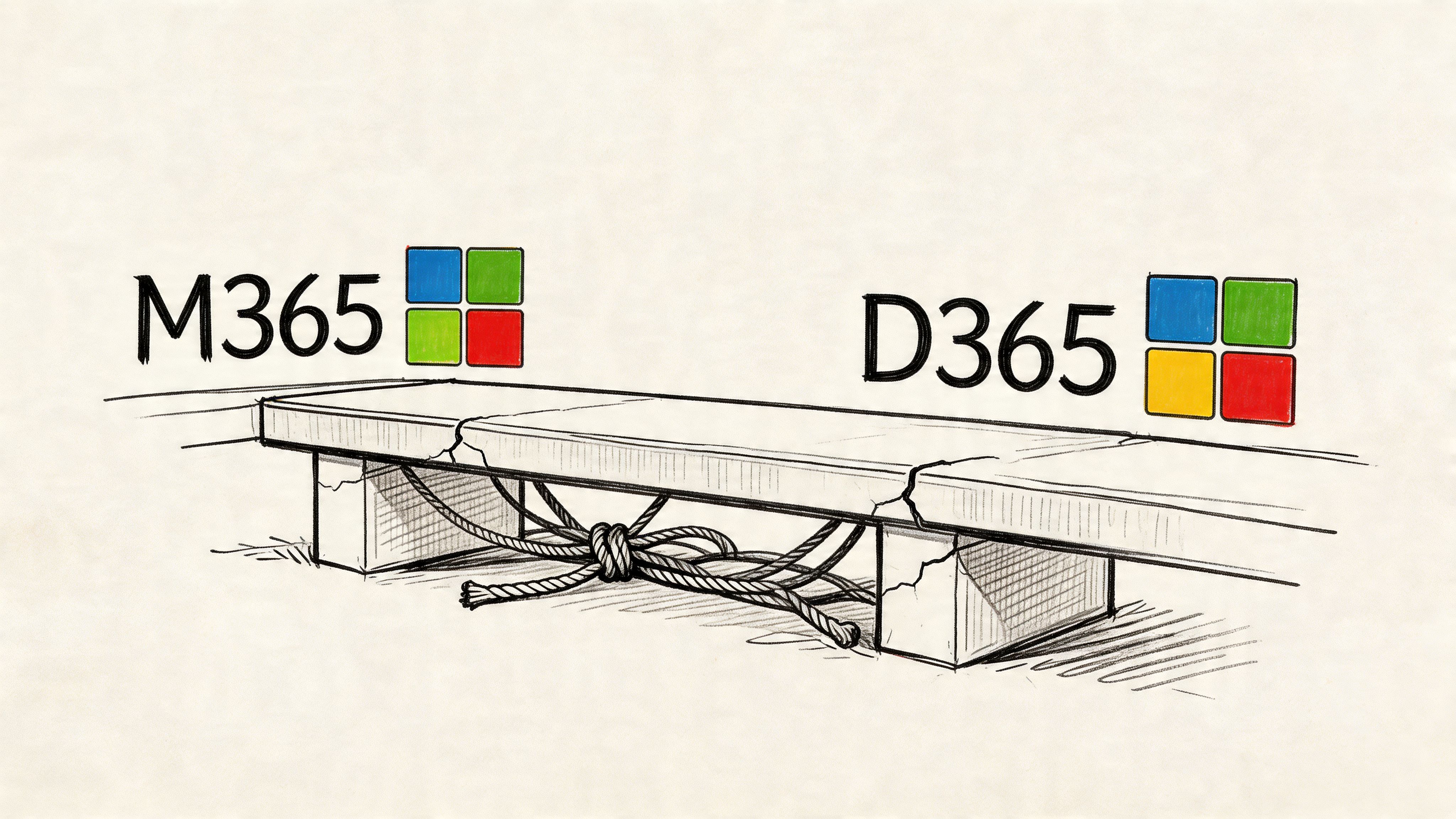 A hand-drawn sketch of a stone bench with Microsoft 365 and Dynamics 365 logos tied underneath.