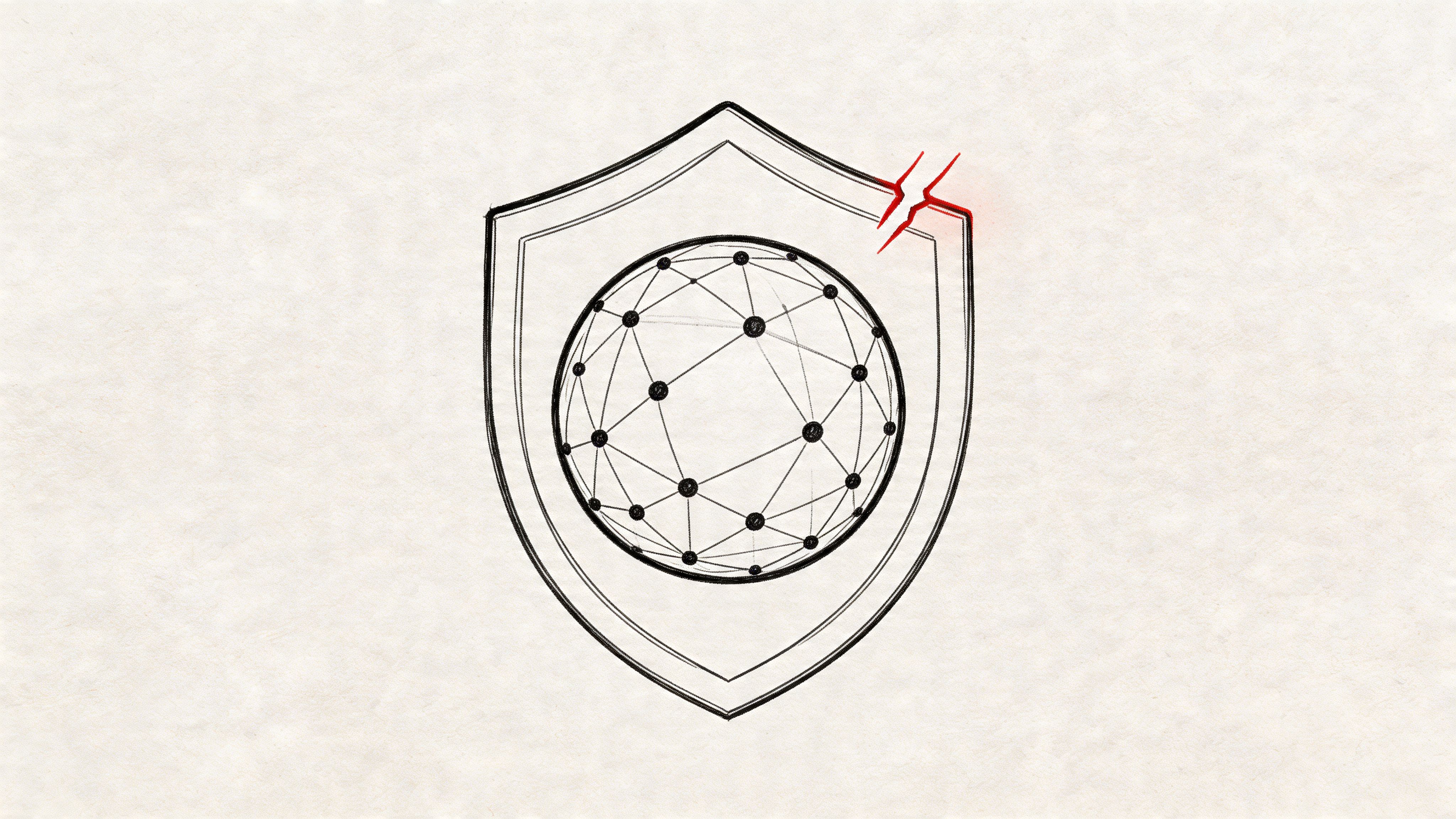 A pencil-style drawing of a shield containing a network sphere with a red crack on top.