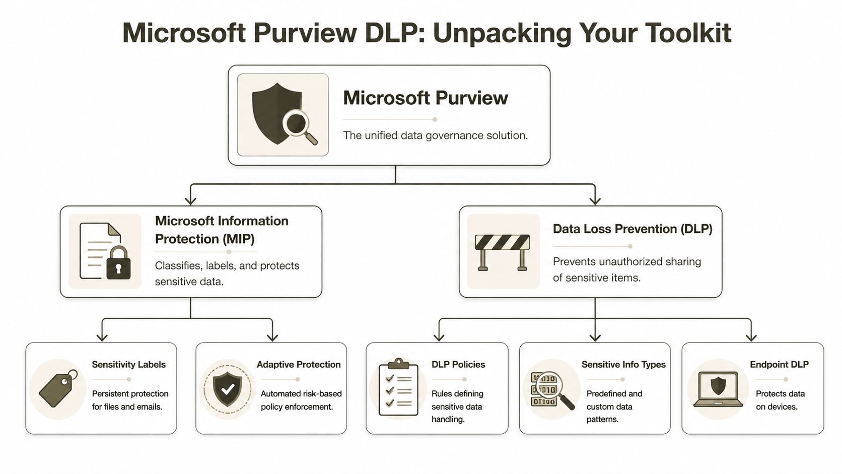 A hierarchical flowchart illustrating the Microsoft Purview data loss prevention toolkit and its key security components.
